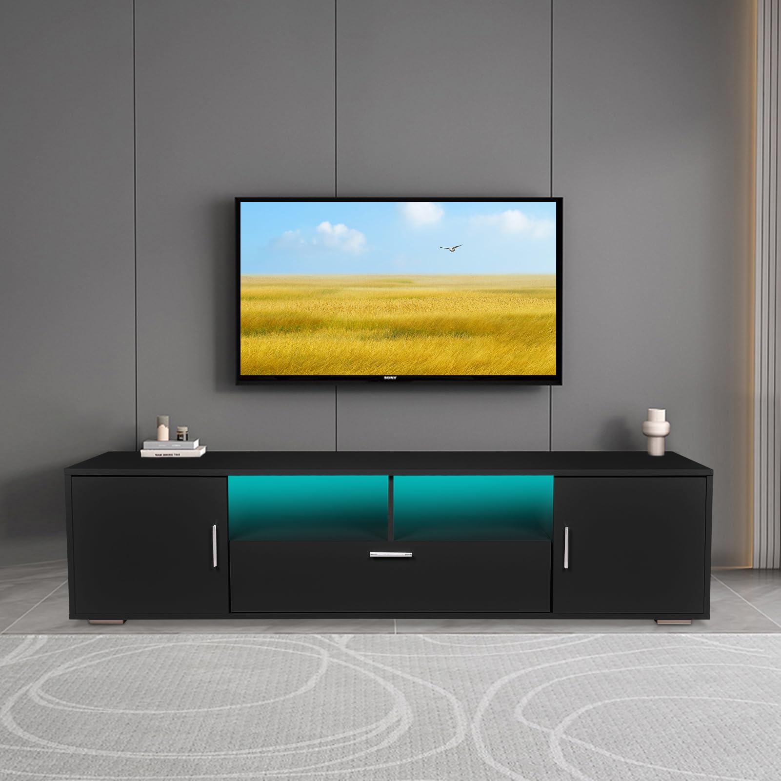 65 Inch LED TV Stand with Storage - Modern TV Console Table Entertainment Center for Living Room, Bedroom & Office - Black Gaming TV Cabinet with 5 Shelves & 3 Drawers - Perfect for Home Theater & Apartment Furniture