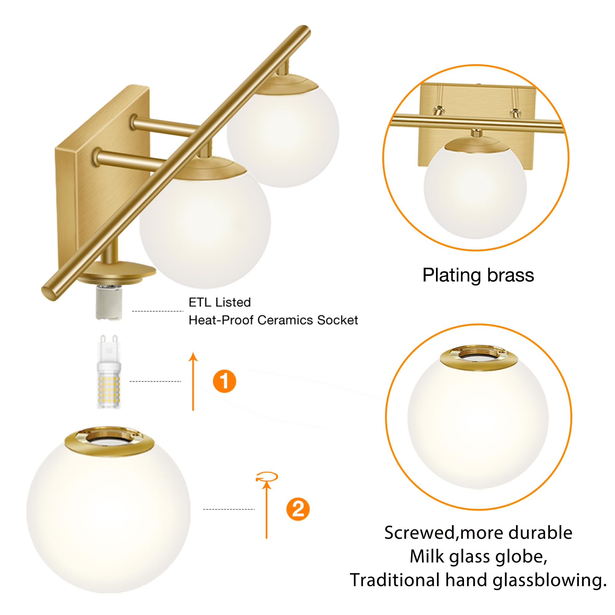 Modern Brushed Brass Bathroom Vanity Light - 3-Light Wall Sconce with Milk White Globe Glass Shades for Mirror Lighting | Perfect for Bathroom, Powder Room & Dressing Room Makeup Area (G9 Bulb Not Included)