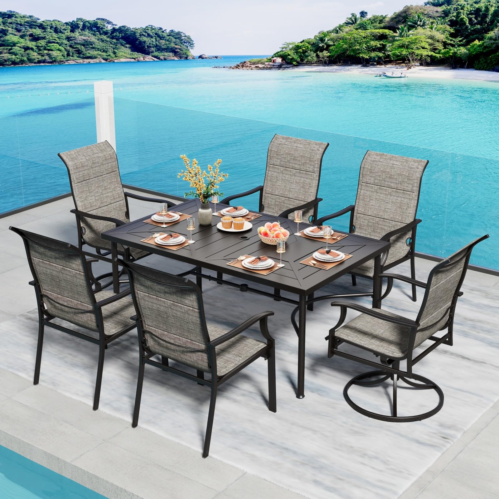 PHI VILLA 7-Piece Outdoor Dining Set - Metal Rectangular Patio Table with 6 Chairs (4 Standard & 2 Swivel) for Backyard, Garden, Deck, Porch - Weather-Resistant Outdoor Furniture for Entertaining & Relaxation