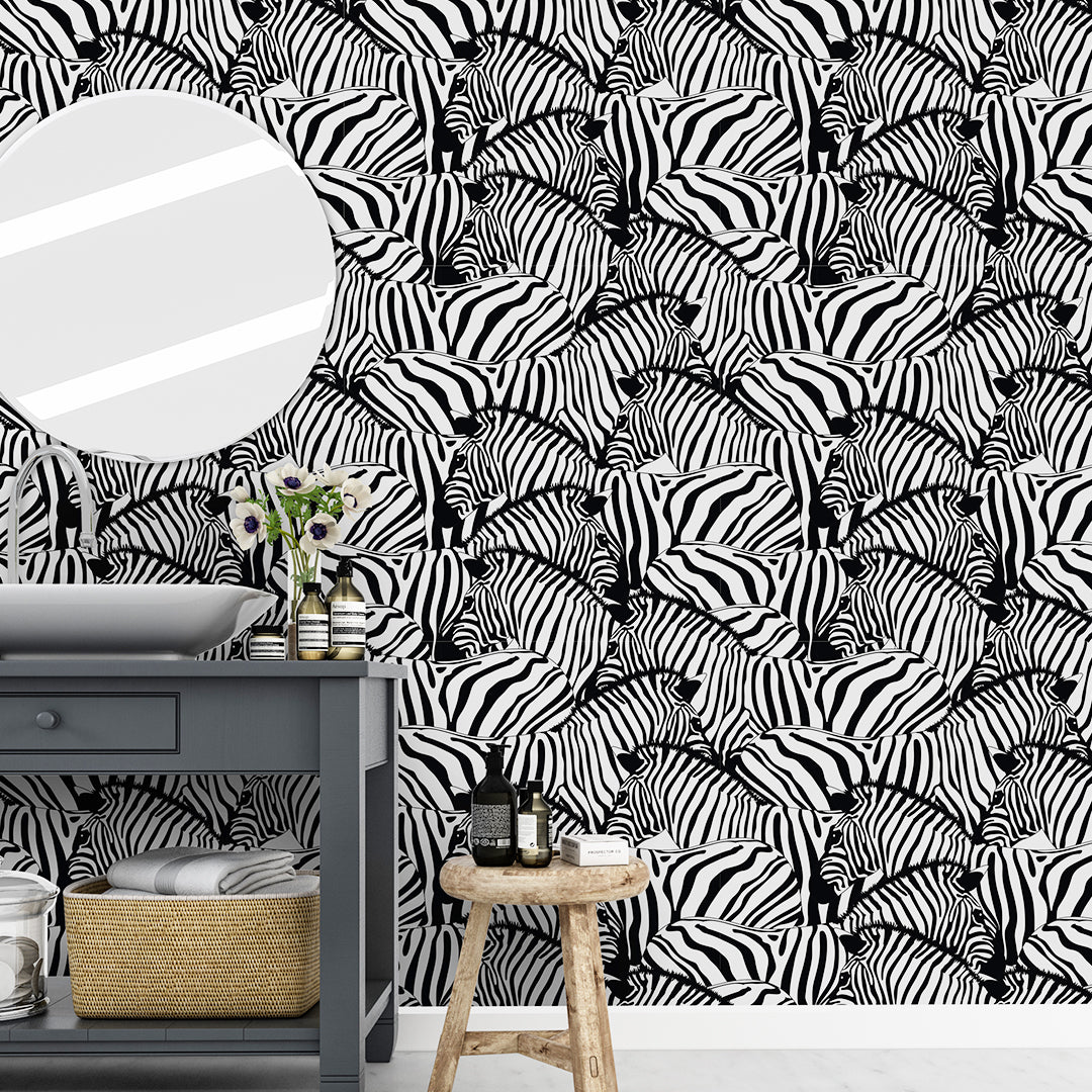 Black & White Zebra Print Wallpaper CC095 - Modern Animal Pattern Peel & Stick Wallpaper for Bedroom, Living Room, Nursery Decor