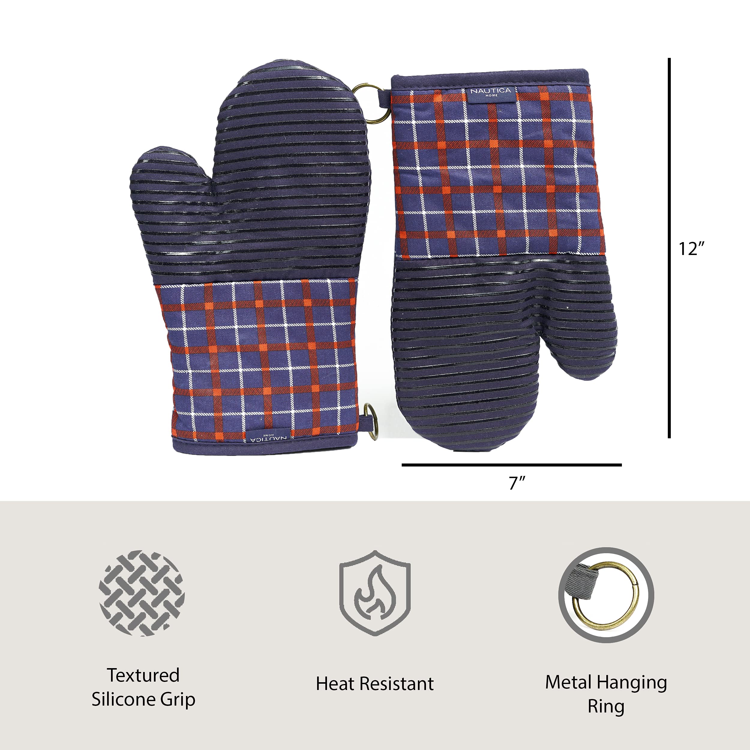 NAUTICA Home - Heat Resistant Kitchen Oven Mitts Set of 2 (500°F), Cotton Potholders with Non-Slip Silicone Grip - Red/Navy Plaid - Perfect for Baking, Grilling & Cooking Protection