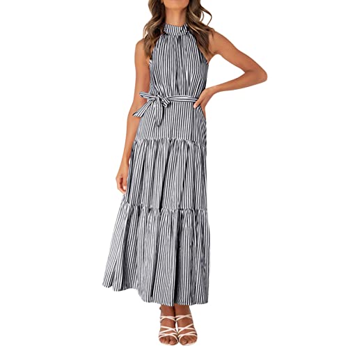 Elegant Women's Halter Neck Striped Maxi Dress for Wedding Guest - Casual Sleeveless Midi Dress for Summer Parties, Beach Vacations & Special Occasions