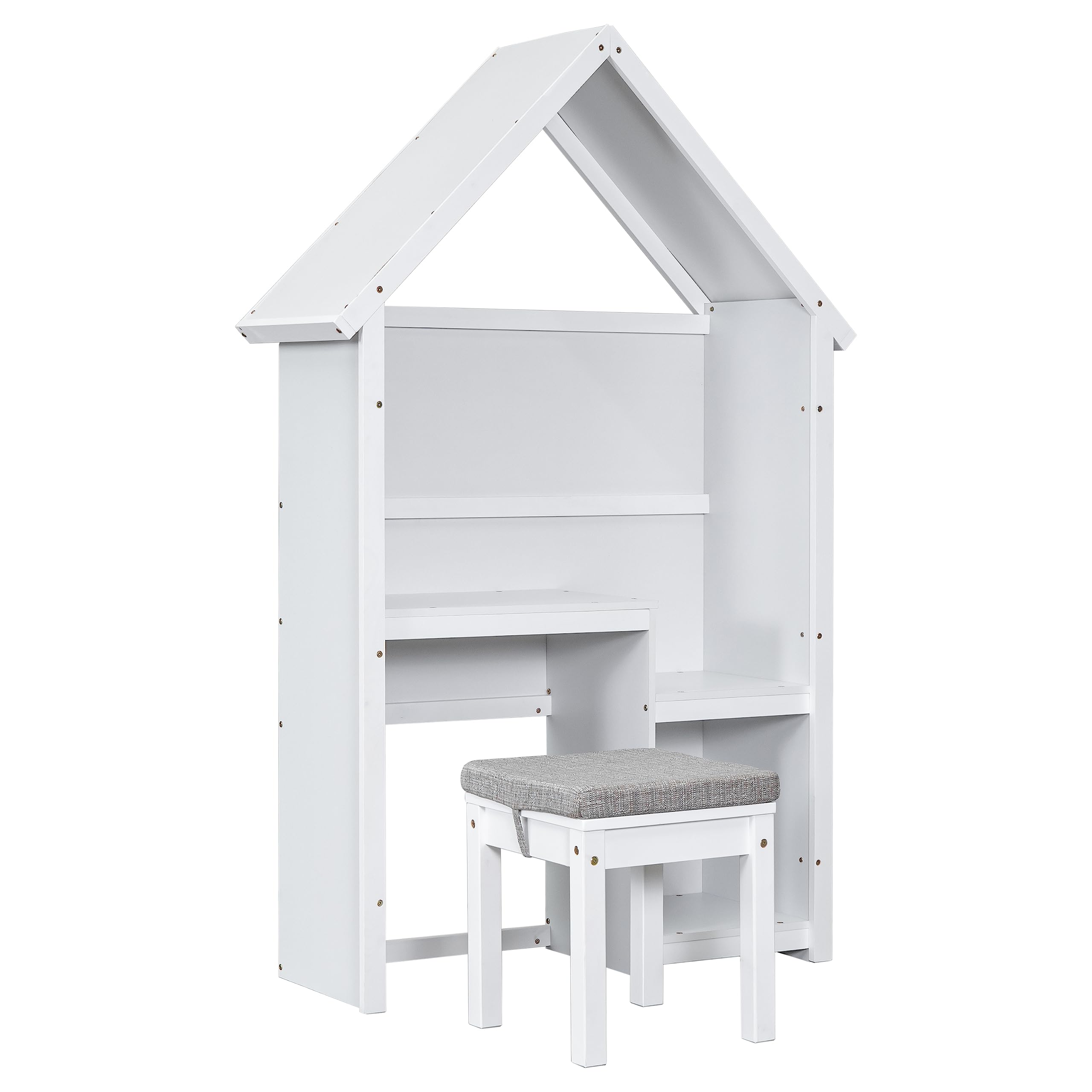 Dolonm Kids Desk and Chair Set - Wooden Study Desk with Detachable Cushion Stool & Storage Shelf, House-Shaped Design for Bedroom - Perfect for Homework, Drawing & Learning Activities (Ages 3+, White)