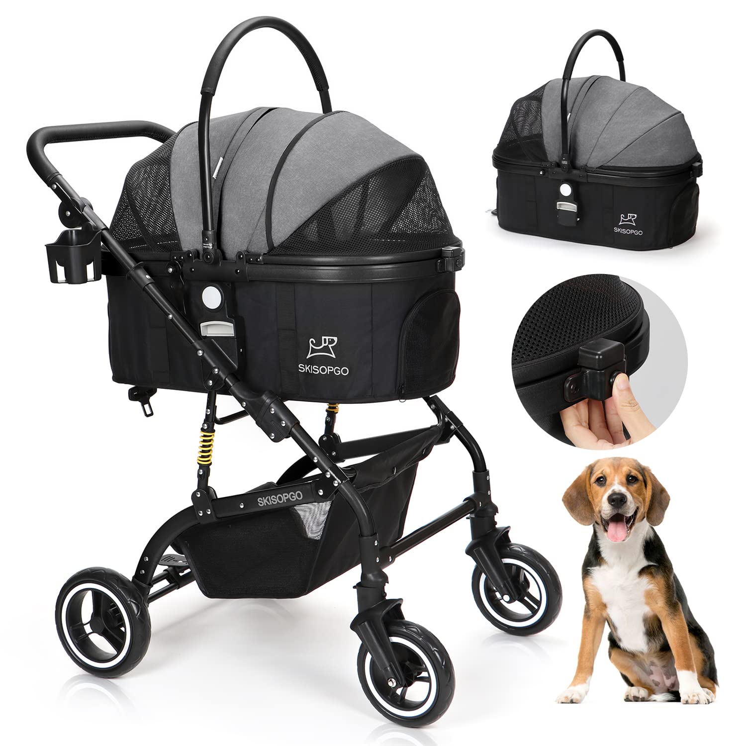 SKISOPGO 3-in-1 Foldable Pet Stroller for Small & Medium Dogs & Cats - Detachable Carrier, Lightweight Travel Stroller (Black & Gray) - Perfect for Park Walks, Shopping Trips & Vet Visits