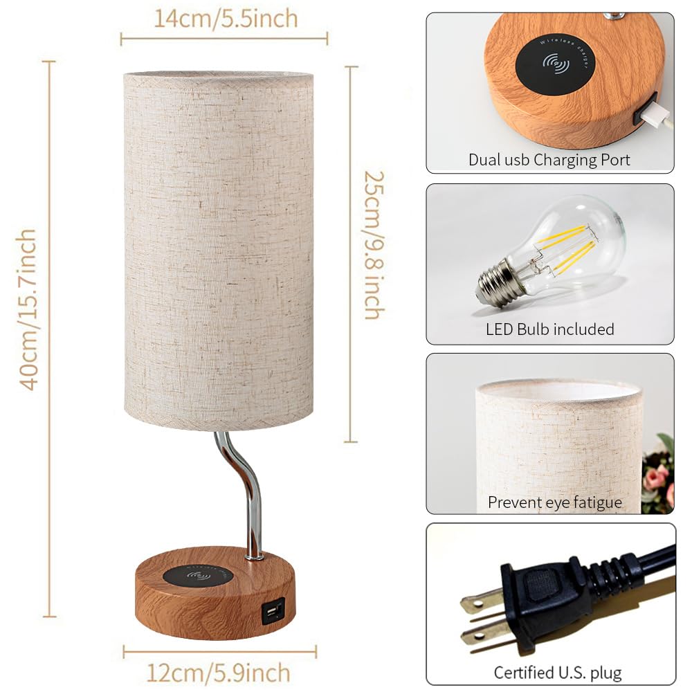 Wireless Charging Bedside Table Lamp with USB Port - 3-Way Dimmable Touch Control LED Desk Lamp for Bedroom, Wooden Nightstand Lamp with Fabric Shade for Living Room, Kids Room, Dorm & Office | Perfect for Reading, Working & Nighttime Use