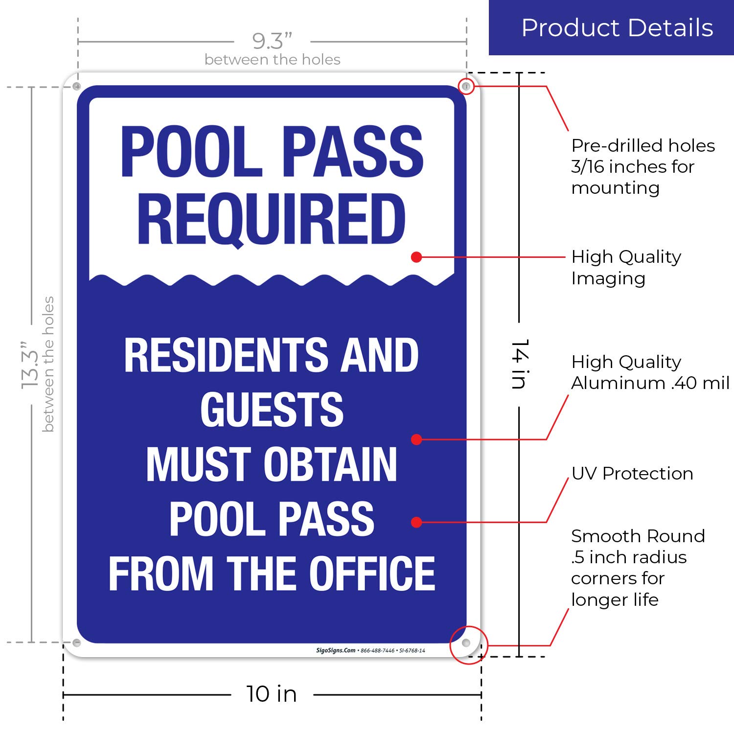 Pool Pass Required Sign - 10x14 Inches, Rust-Free .040 Aluminum, Fade Resistant - Ideal for Community Pools, Gyms, Resorts & Water Parks - Made in USA