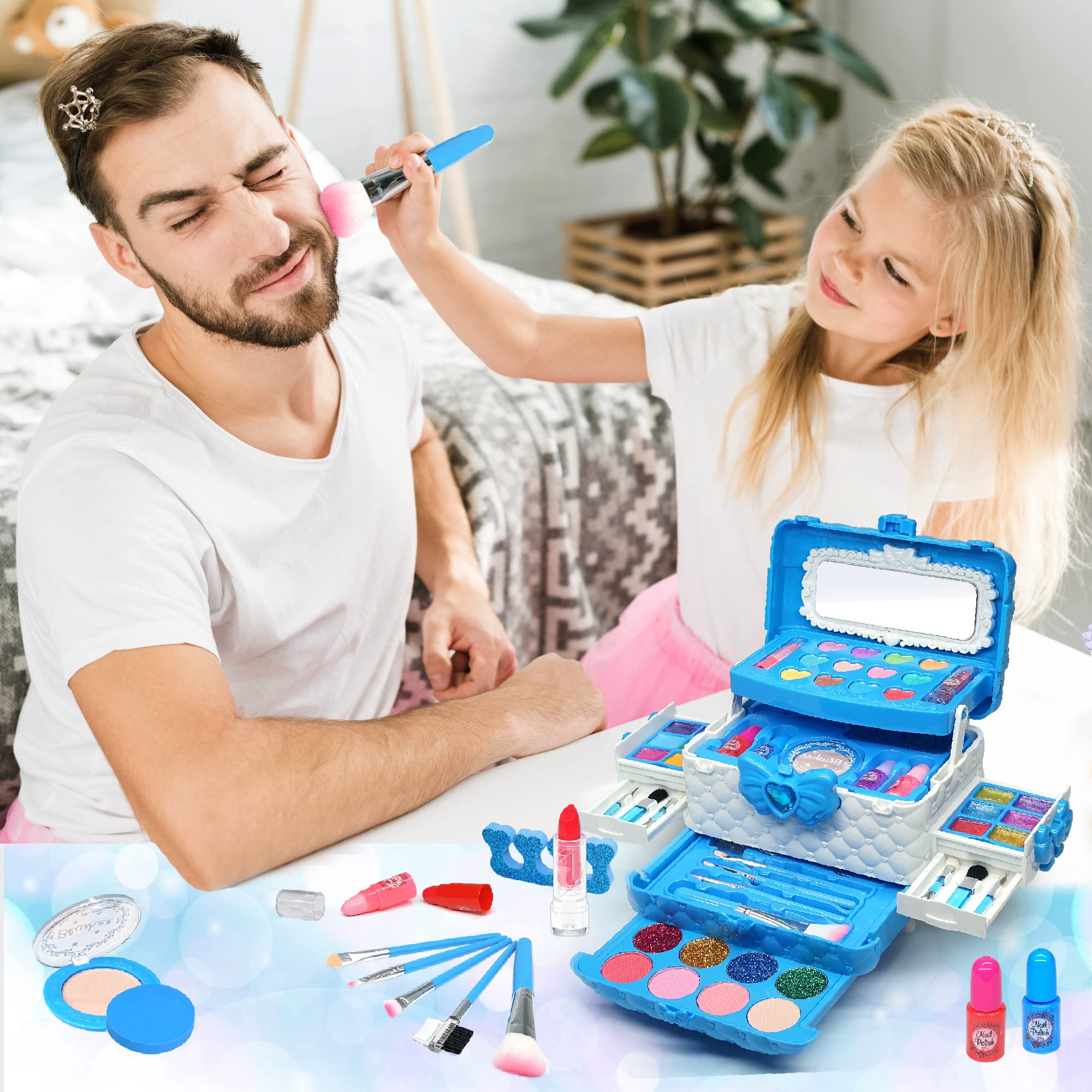 **Safe & Washable Kids Makeup Kit for Girls Ages 5-7 - Princess Birthday Gift Set with Real Cosmetic Toys (Blue) | Perfect for Dress-Up, Pretend Play & Birthday Parties**
