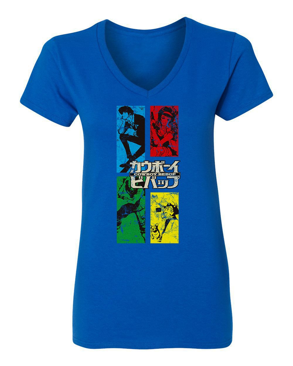 RIVEBELLA Women's Anime Graphic V-Neck T-Shirt - Stylish Manga Crew Neck Tee with Cowboy Bebop Design | Perfect for Cosplay, Casual Wear & Anime Conventions