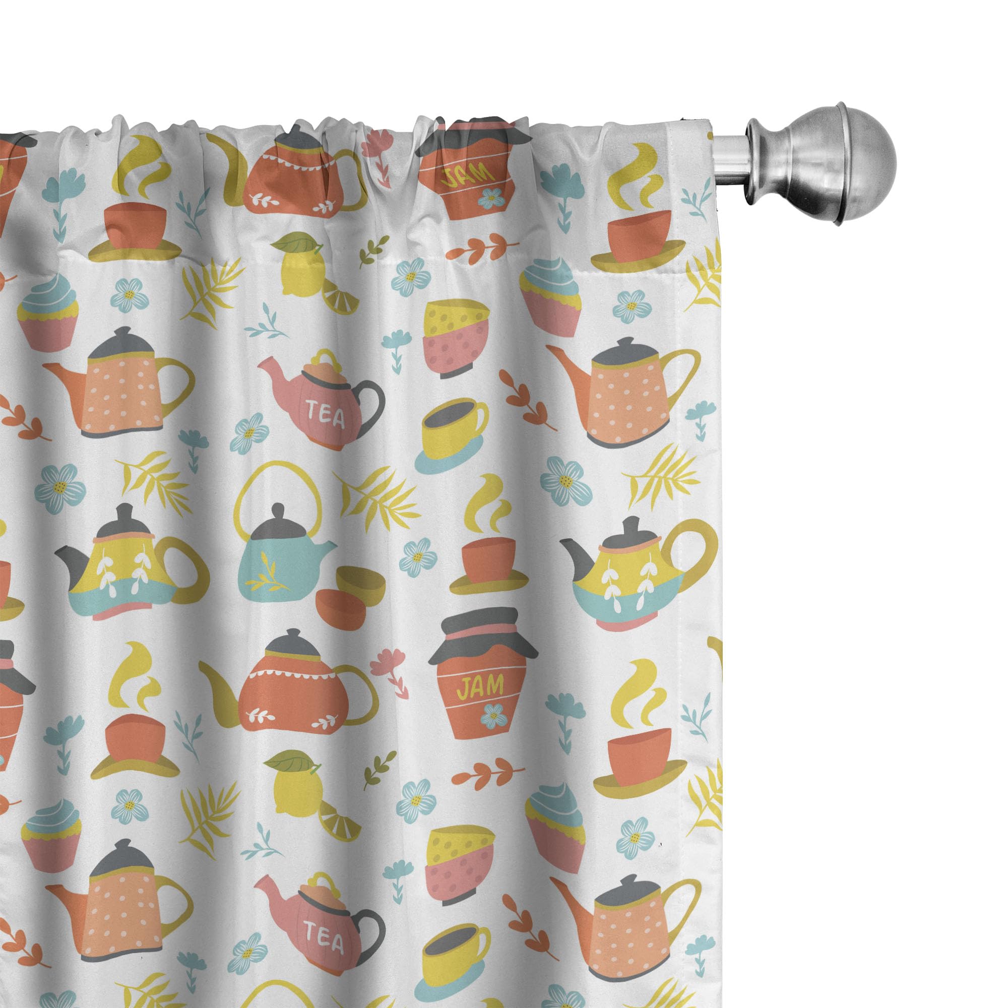 Ambesonne Tea Party Curtains - 2 Panel Set with Jam Teapot, Coffee Mugs & Floral Design, 28