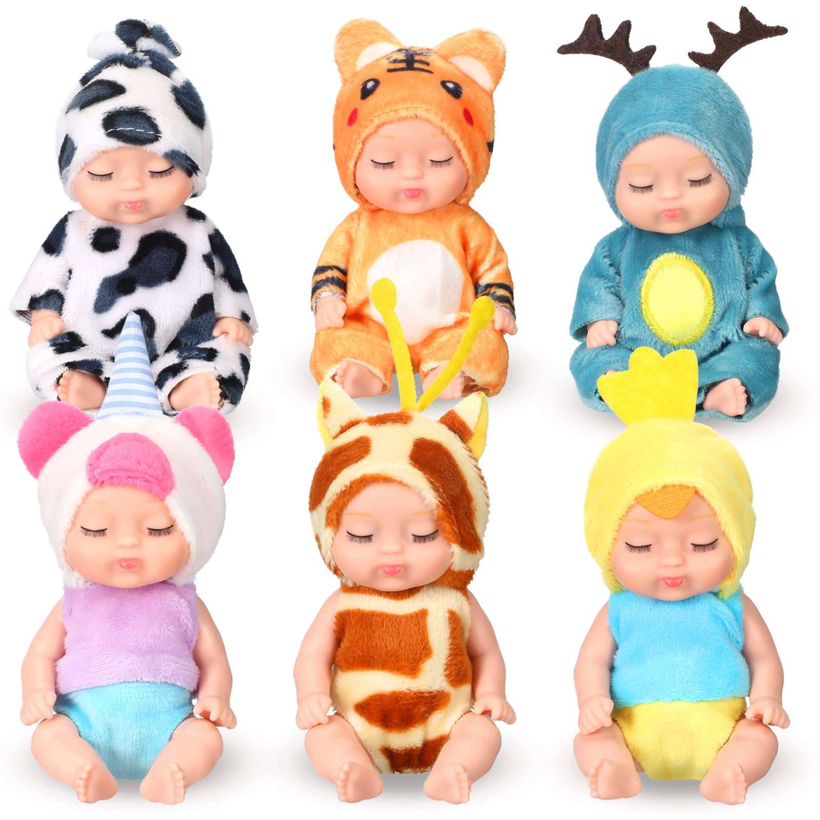 Leitee 6-Pack 4 Inch Mini Realistic Baby Dolls with Animal Outfits - Cute Small Lifelike Baby Dolls for Toddlers, Kids Birthday & Baby Shower Gifts | Perfect for Pretend Play, Collecting & Party Favors