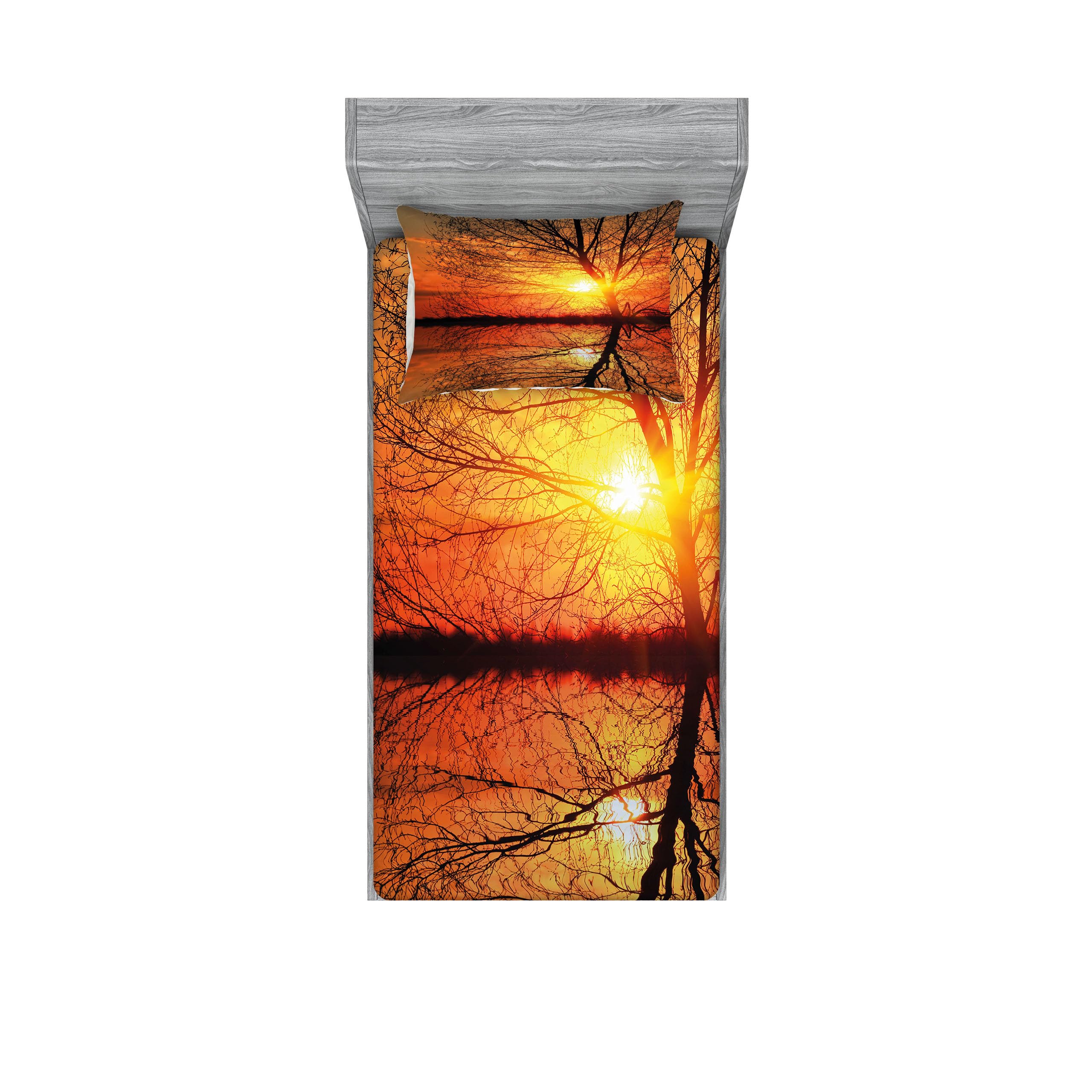 Ambesonne Autumn Fitted Sheet & Pillow Sham Set - Fall Sunset Tree Panorama with Water Reflection, 2-Piece Printed Bedding Decor in Orange & Black (Twin Size) | Perfect for Seasonal Home Decor, Guest Rooms & Cozy Autumn Bedroom Makeovers