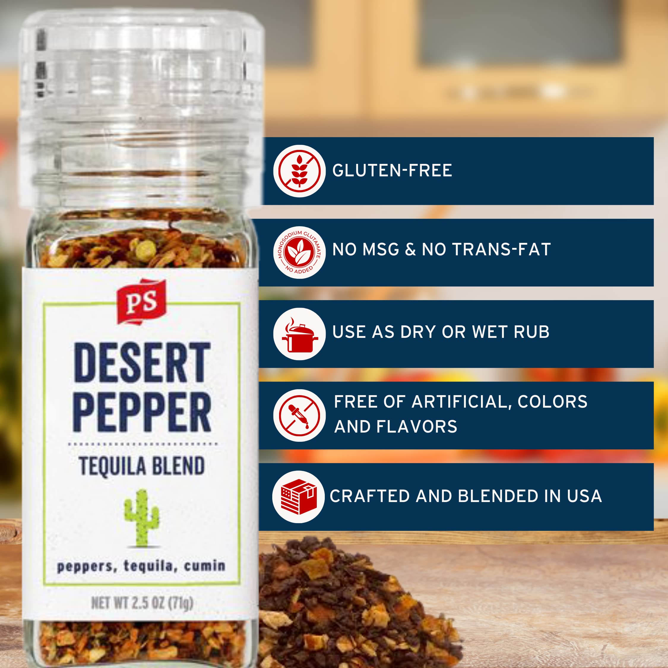 Premium PS Seasoning Desert Pepper - Tequila Blend Spice Grinder | All-Purpose BBQ Rub for Chicken, Pork, Shrimp & Rice | Gourmet Seasoning with Peppers, Tequila & Cumin | Perfect for Grilling, Roasting & Flavoring Dishes