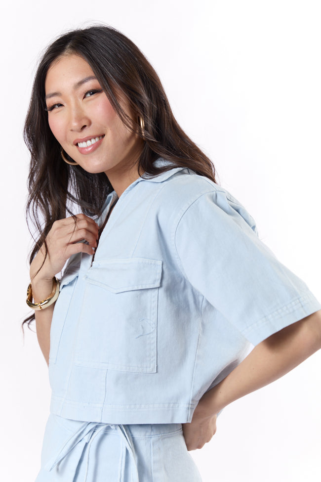 Trendy Ice Blue Cropped Denim Top for Women - Fashionable Streetwear & Summer Outfits | Perfect for Casual Wear, Beach Days & Music Festivals