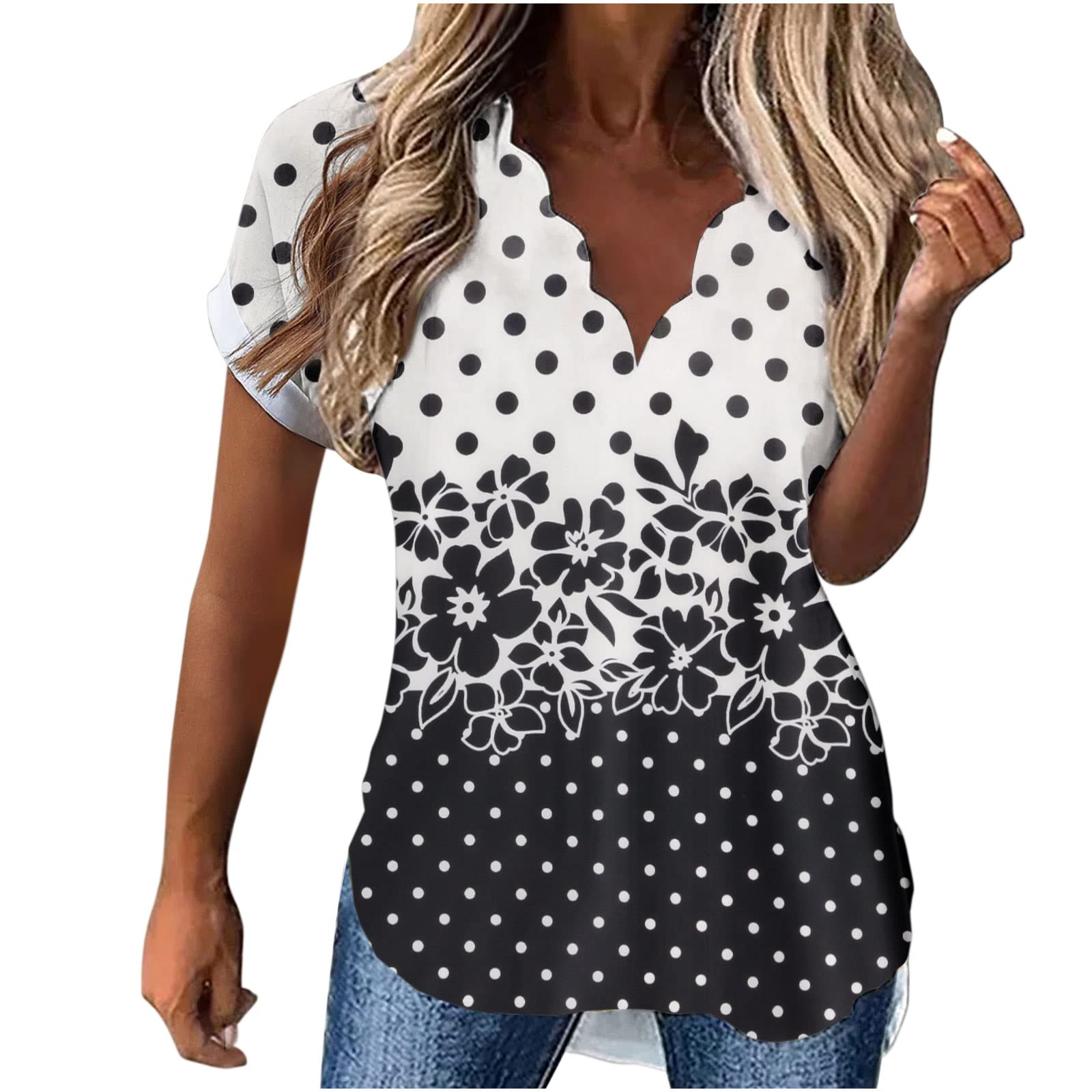 Ylioge Women's Summer Tops - Polka Dot Ruffle V-Neck Short Sleeve Blouse, Casual Loose Fit Fashion Tunic for Women | Perfect for Beach Outings, Date Nights & Summer Vacations