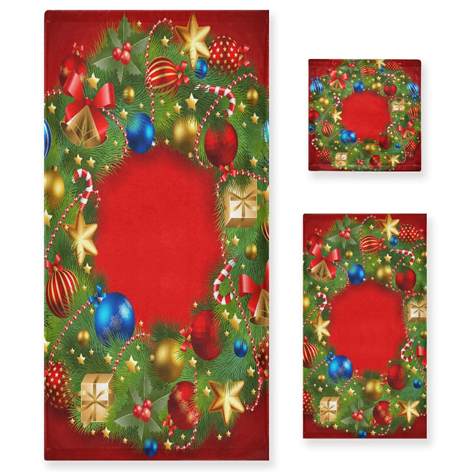 ALAZA Christmas Wreath Red Bath Towel Set - Luxury 3-Piece Decorative Set (1 Bath Towel, 1 Hand Towel, 1 Washcloth) - Ultra Soft for Bathroom, Hotel, Gym, Yoga & Spa - Perfect for Holiday Decor & Gift Giving
