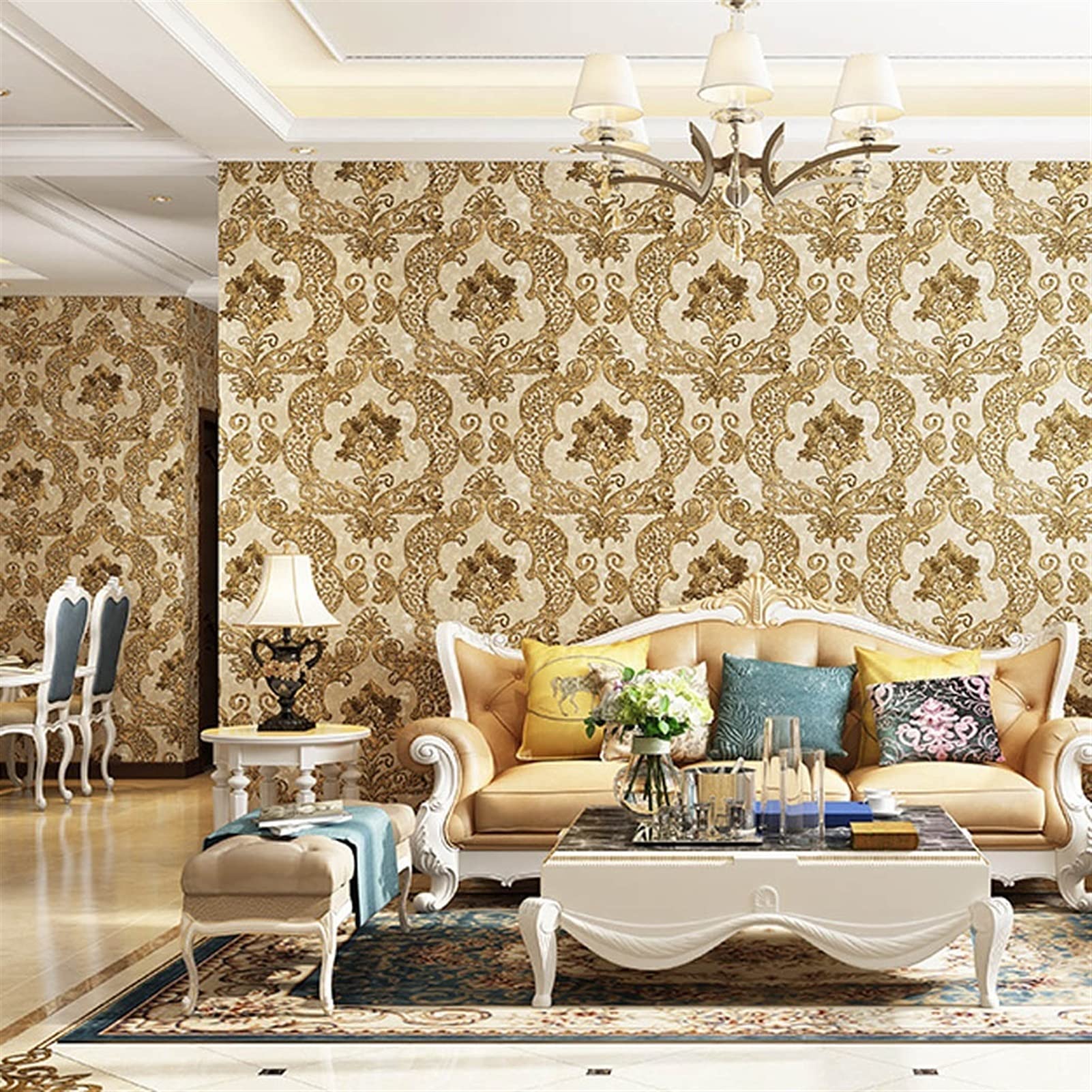 3D Mural Wallpaper - European Style Luxury PVC Wallpaper for Living Room & TV Background | Waterproof & Easy to Install | Perfect for Home Decor, Bedroom, Office & Commercial Spaces (Color: A)