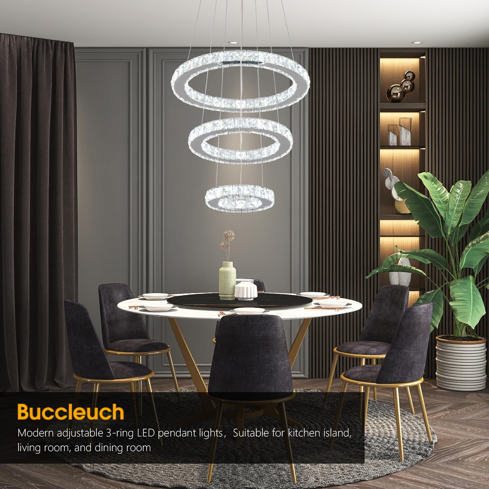 Buccleuch 3-Ring Adjustable Dimmable LED Crystal Chandelier - Stainless Steel Ceiling Light Fixture with Silver Crystals for Dining Room, Bedroom, Living Room - Perfect for Elegant Home Decor & Romantic Ambiance Lighting - ETL Certified