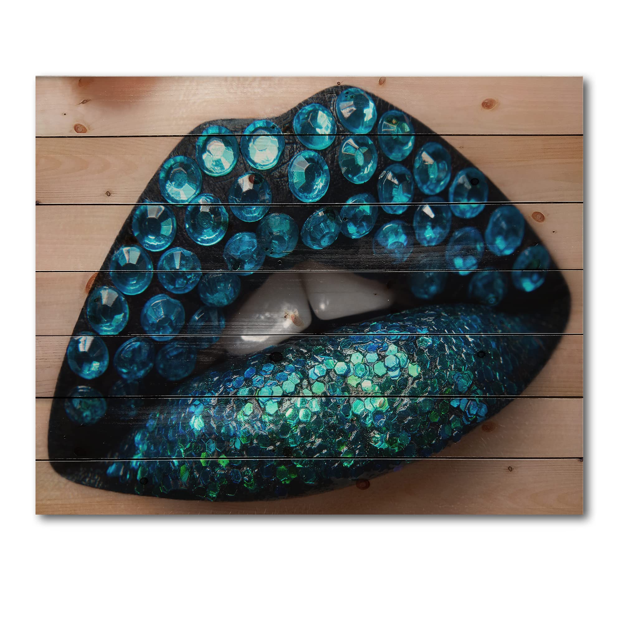 Blue Diamond Lips Wood Wall Art - Modern Black Lipstick Decor for Living Room