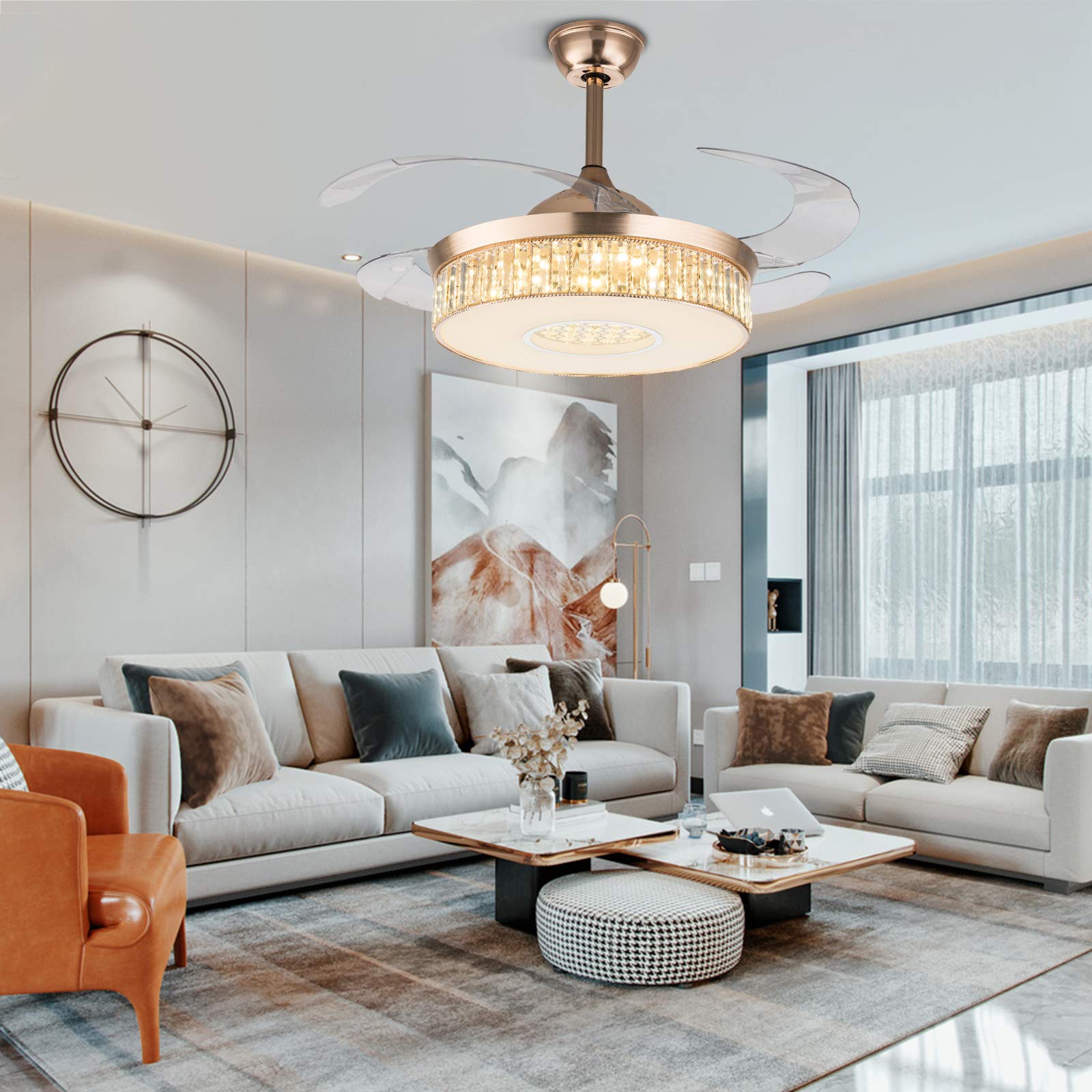 OUKANING 42 Inch Crystal Ceiling Fan with LED Lights - Dimmable Chandelier & Retractable Blades, Remote Control, Ultra Quiet - Gold Finish for Dining Room, Bedroom, Living Room | Perfect for Home Decor & Cooling Comfort