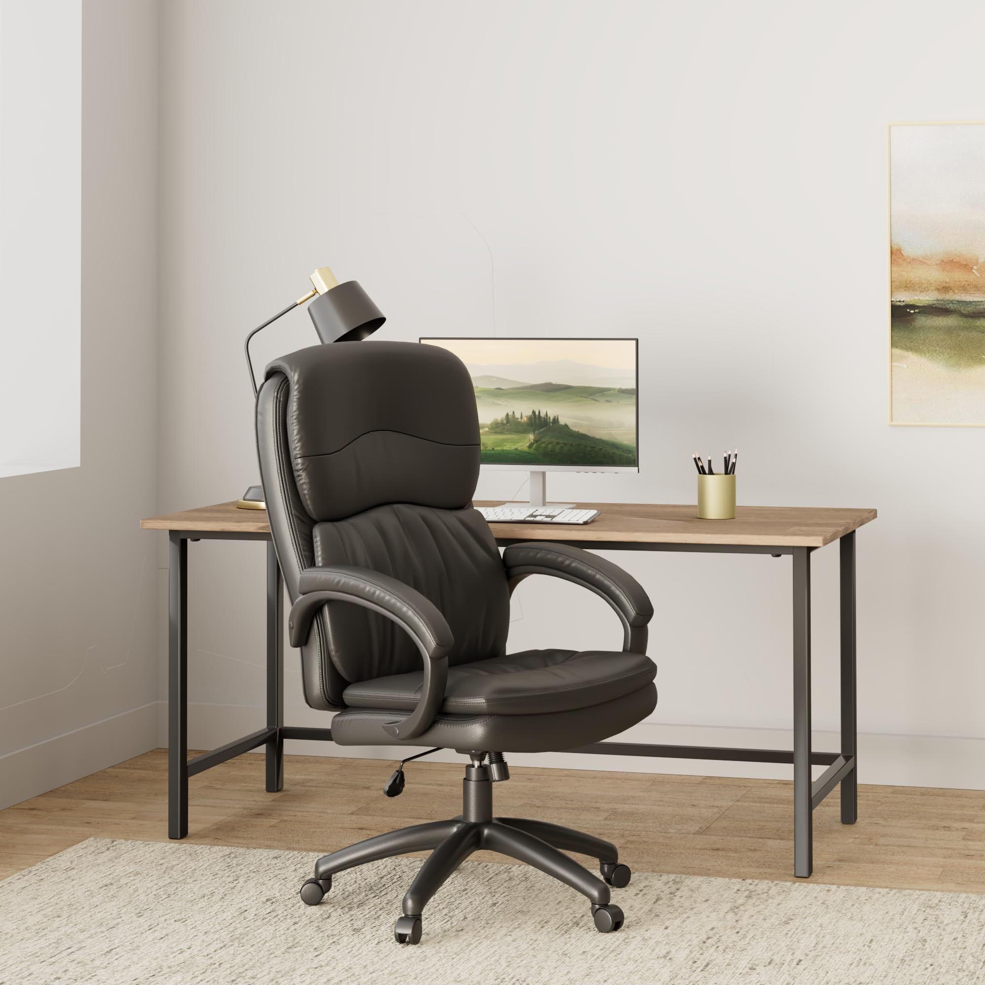 Office Star EC Series Executive Bonded Leather High Back Adjustable Office Chair with Thick Padded Contour Seat & Armrests - Black | Ergonomic Desk Chair for Home Office, Gaming & Workspace Comfort