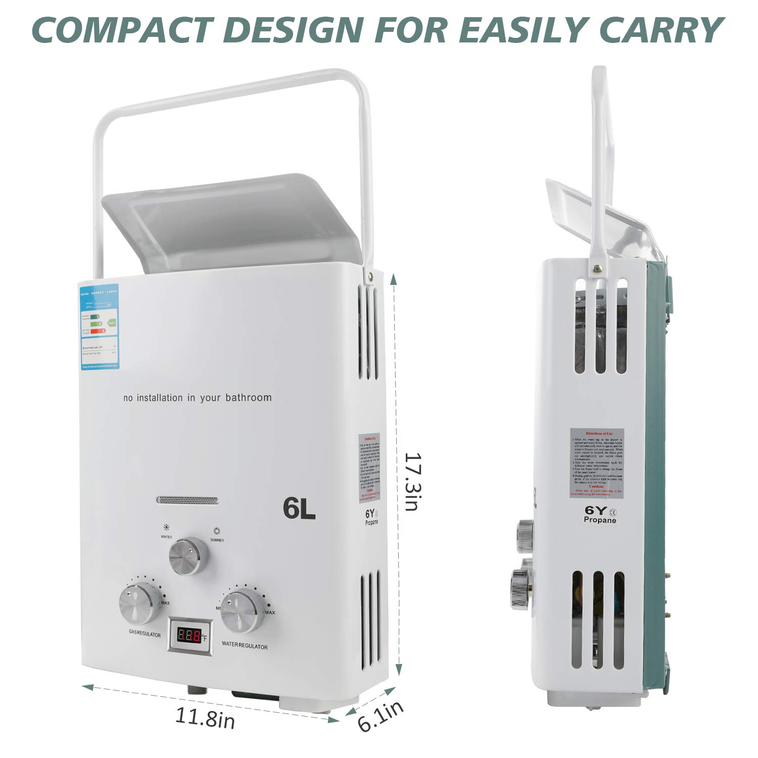 6L 1.6GPM Portable Propane Tankless Water Heater - Instant Hot Water for Camping, RV, Outdoor Showers | Overheating Protection | Perfect for Hiking, Backpacking & Off-Grid Living