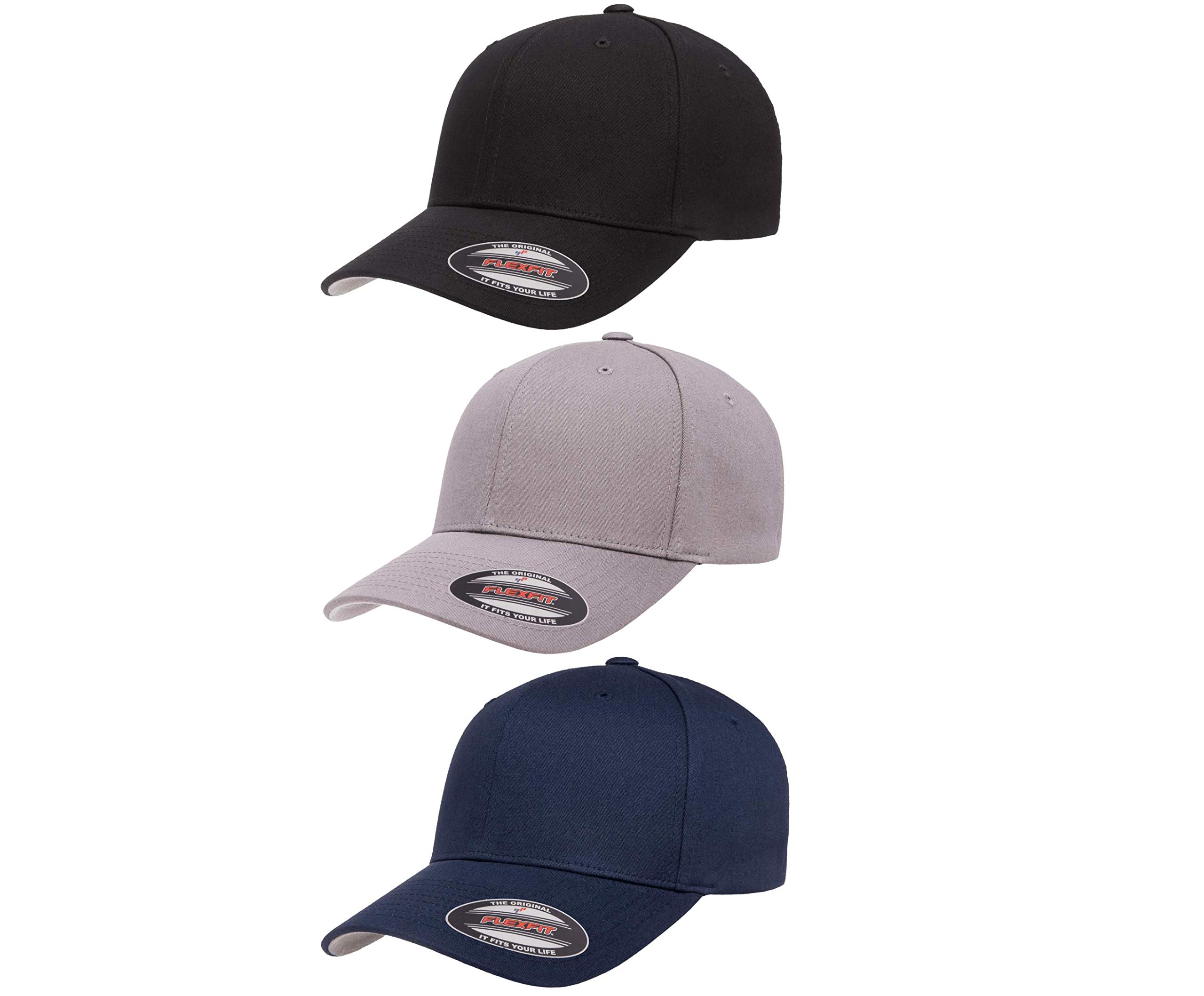 Flexfit 3-Pack Premium Original Cotton Twill Fitted Hats with THP No Sweat Headliner - Adjustable Baseball Caps for Men & Women - Perfect for Outdoor Sports, Running, and Casual Wear