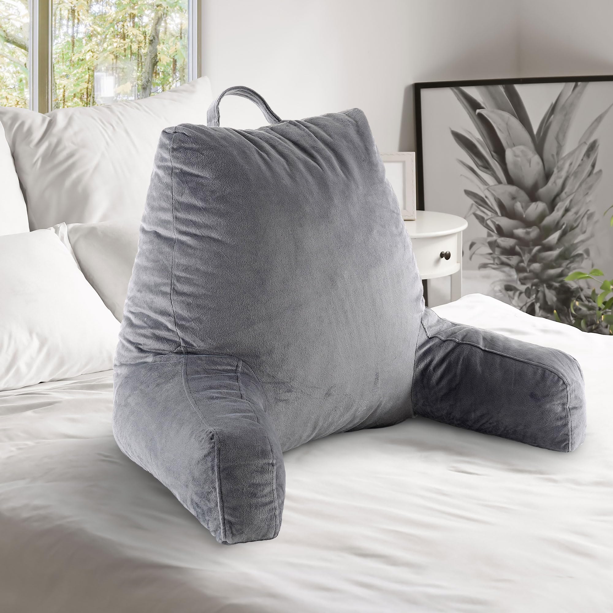 Cheer Collection Reading Pillow with Arms - Large Gray Foam-Filled Backrest Pillow for Sitting Comfort on Bed & Couch, Portable Support for Reading, Watching TV & Relaxing - Machine Washable