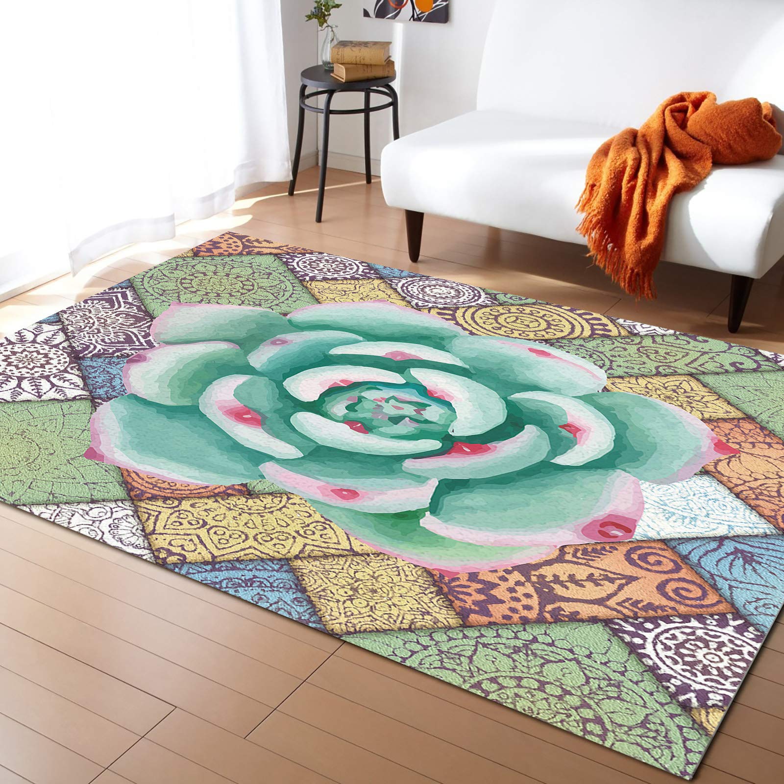 Non-Slip Watercolor Green Tropical Succulent Mandala Area Rug - 5' x 7' Contemporary Indoor Floor Mat with Rubber Backing, Fade-Proof & Washable - Perfect for Living Room, Bedroom, Dorm or Office Decor