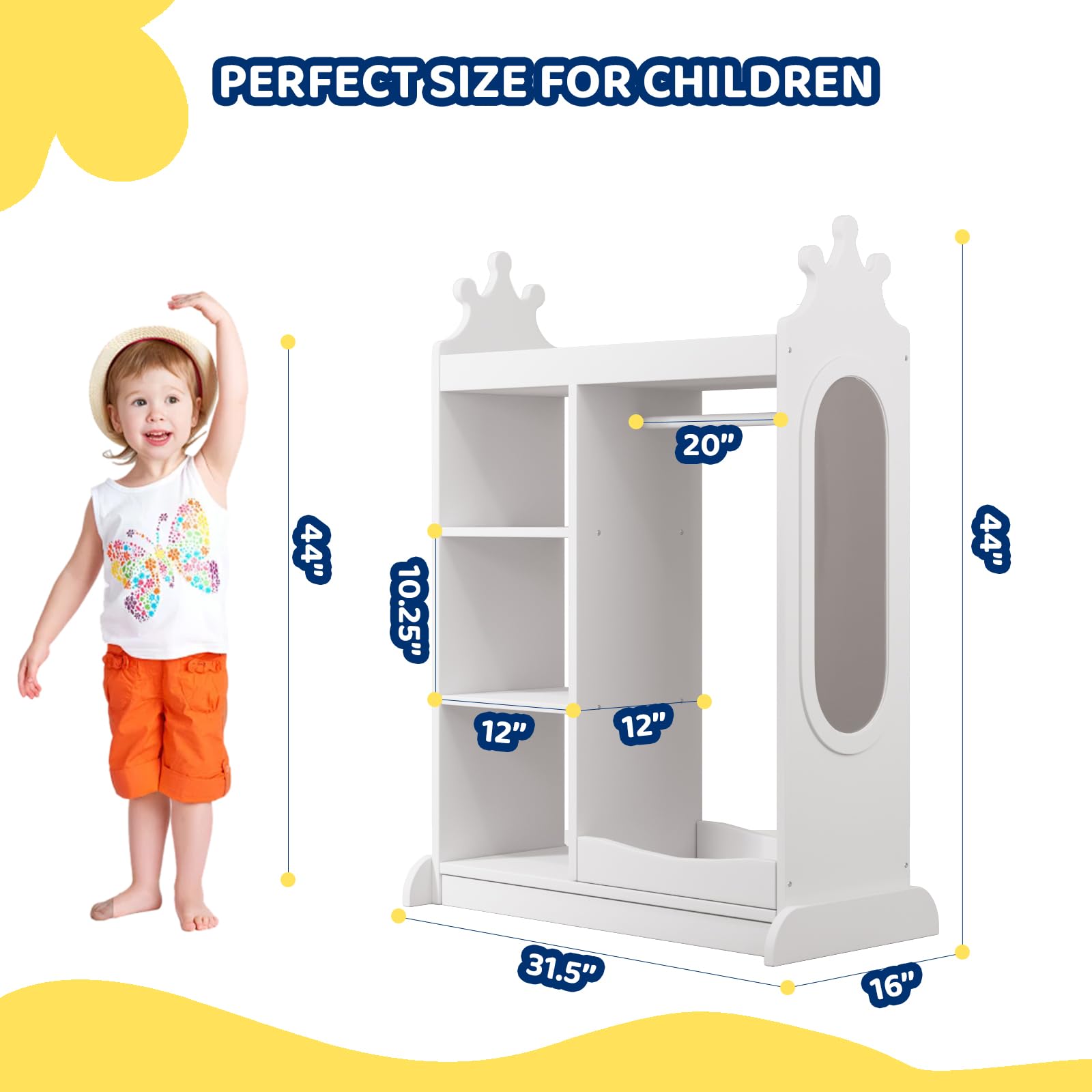 KIDINIX Kids Wardrobe with Mirror - White Open Dress Up Storage Armoire with 3-Tier Shelf, 2 Fabric Bins & Shoe Rack - Perfect for Organizing Coats, Dance Costumes, Hats & Shoes in Bedroom or Playroom