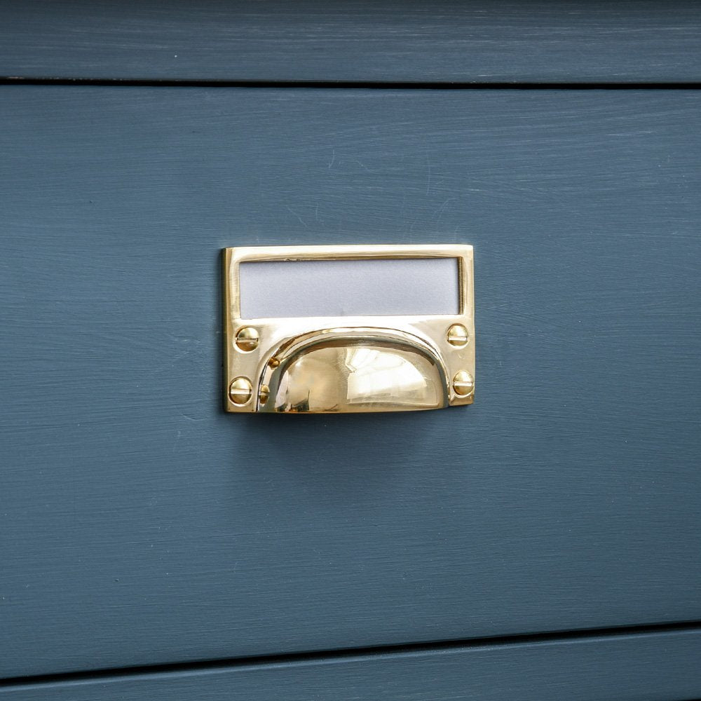 Polished Brass Hooded Drawer Handle with Card Frame - Vintage Cabinet Pulls for Kitchen & Bathroom Renovation - Perfect for Dressers, Cabinets and Furniture Upgrades
