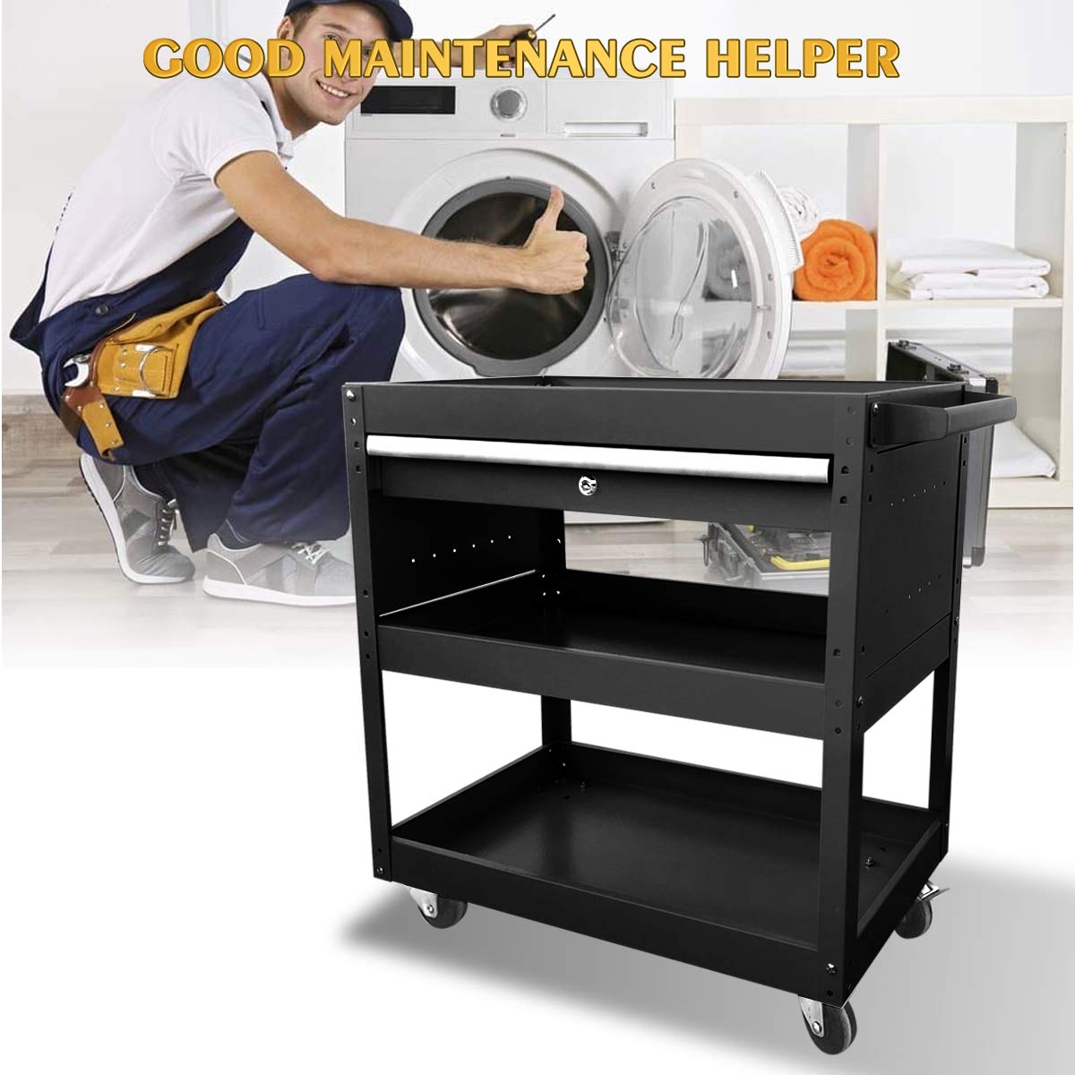 X&T 3-Tier Heavy Duty Rolling Tool Cart with Drawer & Lock - 300 lbs Capacity Industrial Mobile Utility Cart on Wheels for Mechanics, Warehouse, Garage, Office & Home Use - Perfect for Organizing Tools & Cleaning Supplies (Black)