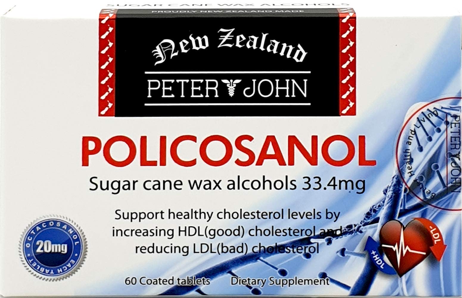 Peter&John Policosanol 33.4mg 60 Tablets - Natural Cholesterol Support Supplement for Heart Health | Maintain Healthy Cholesterol Levels | Daily Wellness for Adults (1 Pack) - Perfect for Heart-Conscious Individuals & Active Lifestyles