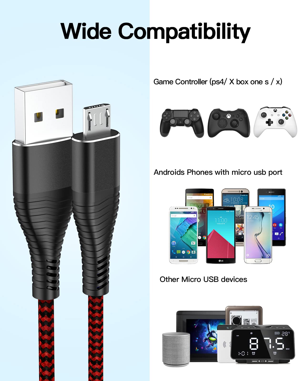 HUNYYN 2-Pack PS4 Controller Charger Cable - Extra Long 3M Micro USB Charging Cord for PlayStation 4, DualShock 4, PS4 Slim, PS4 Pro & Micro USB Devices - Perfect for Gaming, Home Entertainment & Office Use
