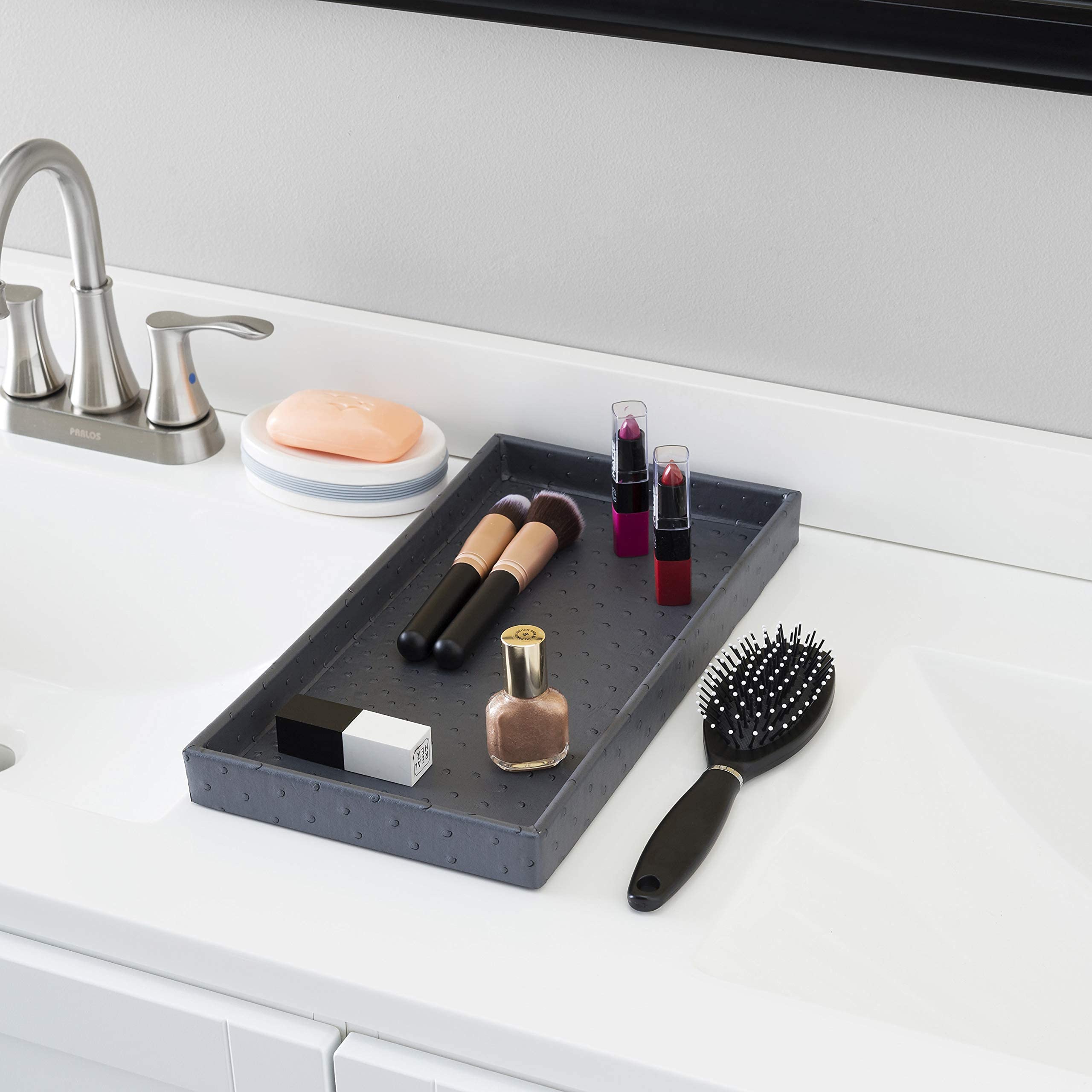 Home Basics Leather Vanity Tray - Stylish Rectangular Organizer for Jewelry, Perfume & Essentials | Dresser, Bathroom & Bedroom Decor | Grey Multi-Purpose Tray for Home Organization & Gift Giving