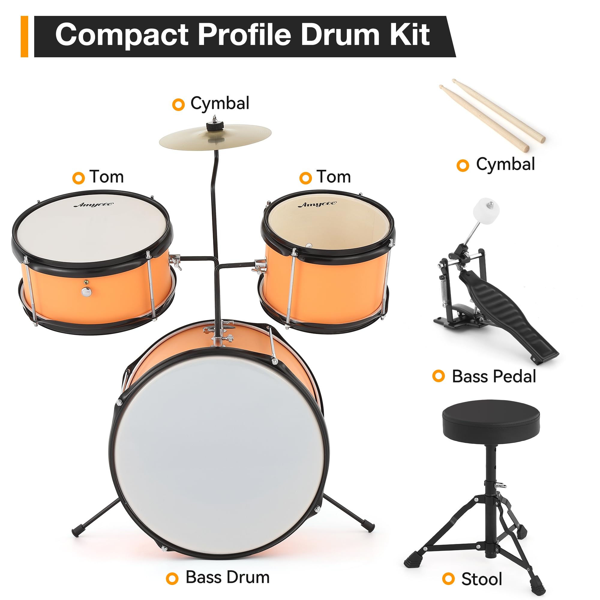 **3-Piece Kids Drum Set for Beginners - Complete Drum Kit with Cymbal, Tom, Bass Drum, Drumsticks & Pedal - Includes Adjustable Drum Stool - Perfect for Boys & Girls (Yellow) - Ideal for Home Play, Birthday Gifts & Early Music Education**