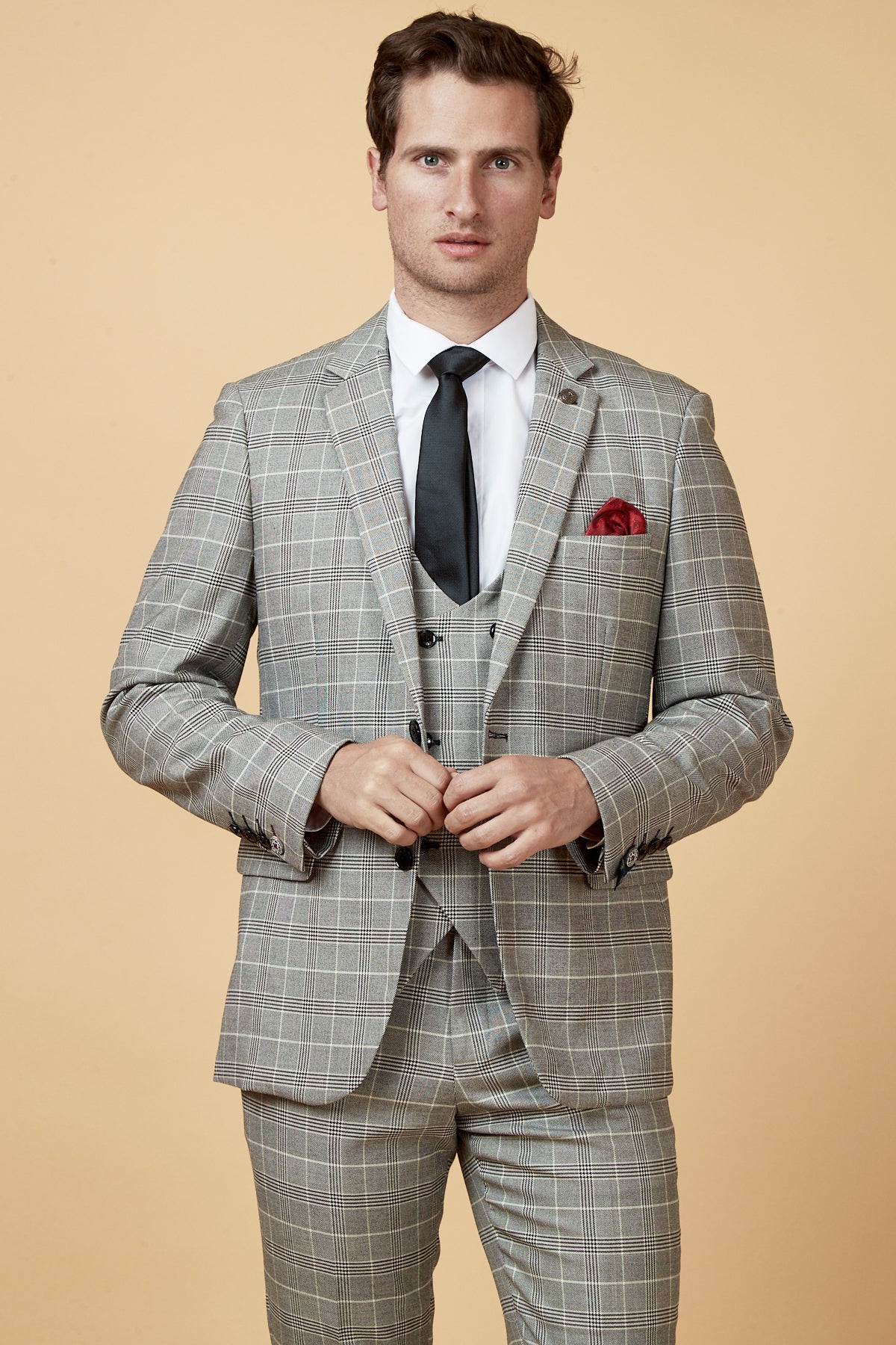 ROSS Grey Check Three Piece Suit for Men - Classic Business Formal Attire for Weddings, Interviews & Office Wear