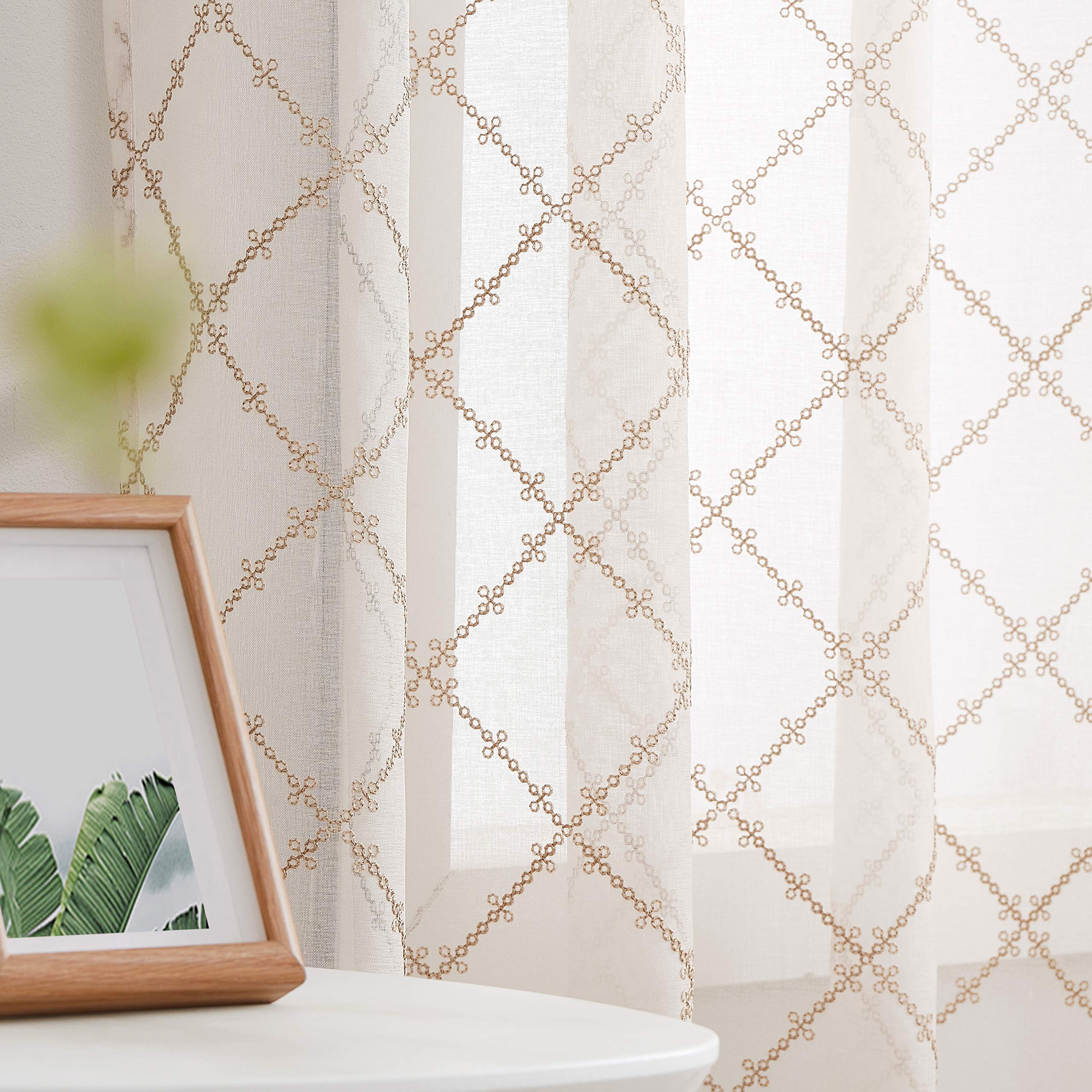Fragrantex Geometric Embroidered Linen Beige Sheer Curtains - 54