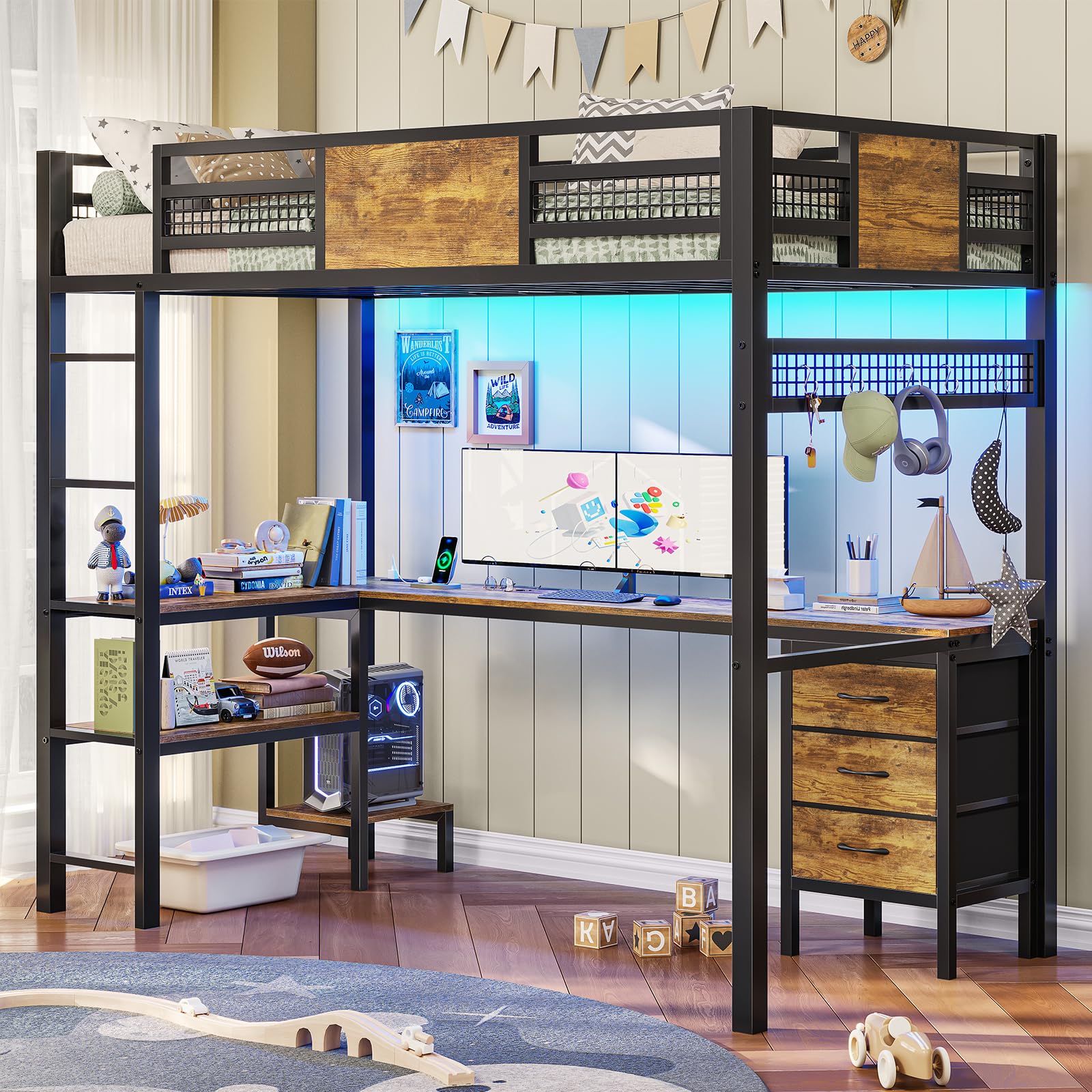 ADORNEVE Twin Size Loft Bed with L-Shaped Desk - Metal Frame with LED Lights, USB Charging Station, Fabric Storage Drawers & Shelves, 13.4
