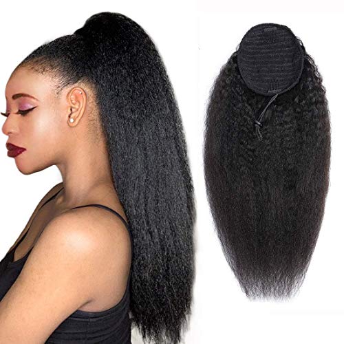 100% Human Hair Drawstring Ponytail Extensions - Kinky Straight 18 Inch Clip-in Ponytail (125g) Natural Black for Women | Perfect for Parties, Weddings & Everyday Styling