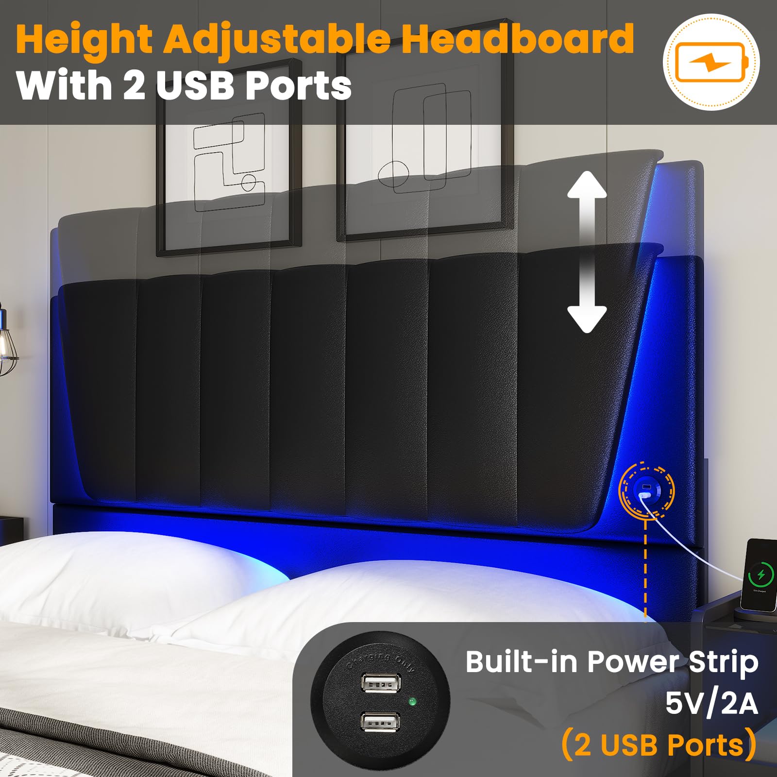 AOGLLATI Queen Size Bed Frame with Headboard, 4 Storage Drawers & LED Lights - Wooden Slat Support Platform Bed with 2 USB Ports, No Box Spring Needed - Perfect for Modern Bedrooms, Small Spaces & Guest Rooms