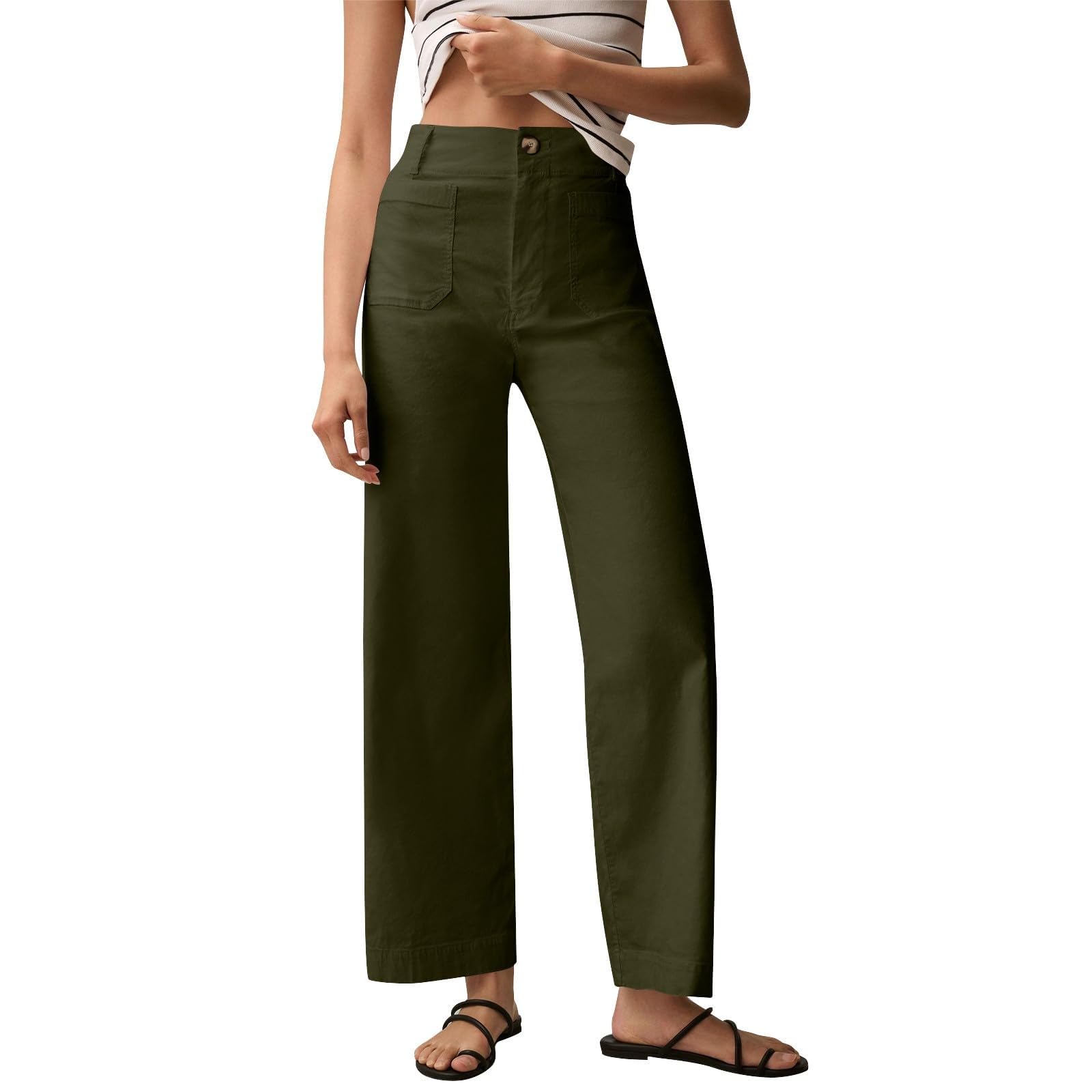 2024 Women's Stretch Twill Cropped Wide Leg Jeans with Pockets - Straight Leg Chino Pants for Casual Wear | Y2K Style Ankle Pants for Work, Weekend & Street Fashion