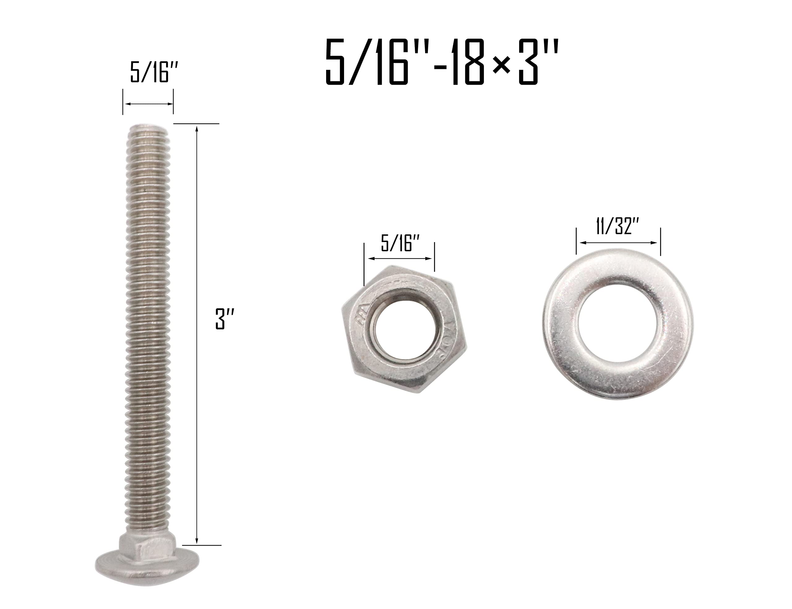 LBY 8 Sets 5/16-18 x 3'' Carriage Bolts with Hex Nuts & Flat Washers, 304 Stainless Steel Assortment Kit - Round Head Square Neck Bolts for Automotive, Furniture & DIY Projects