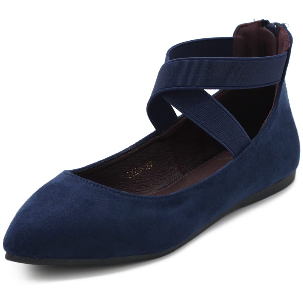 Ollio Women's Faux Suede Elastic Ankle Strap Pointed Toe Ballet Flats - Comfortable Slip-On Shoes for Work, Office, and Casual Outings F167