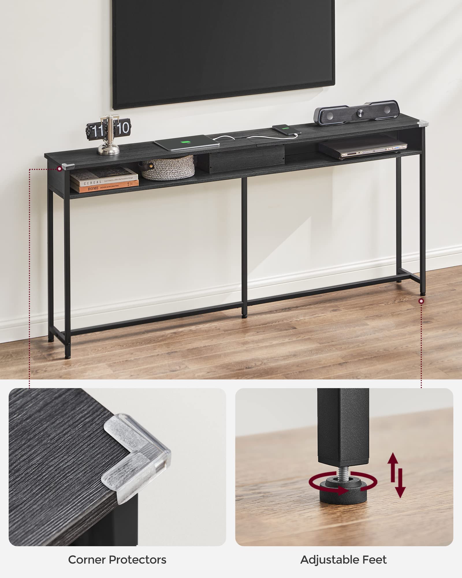 VASAGLE 70.9-Inch Modern Console Table with Built-in USB Outlet & 2 Shelves - Slim Sofa Table with Charging Station, Narrow Entryway Table for Hallway, Living Room - Charcoal Gray & Black ULNT118B22 | Perfect for Small Spaces, Behind Couch, Apartment Decor & Home Office Organization