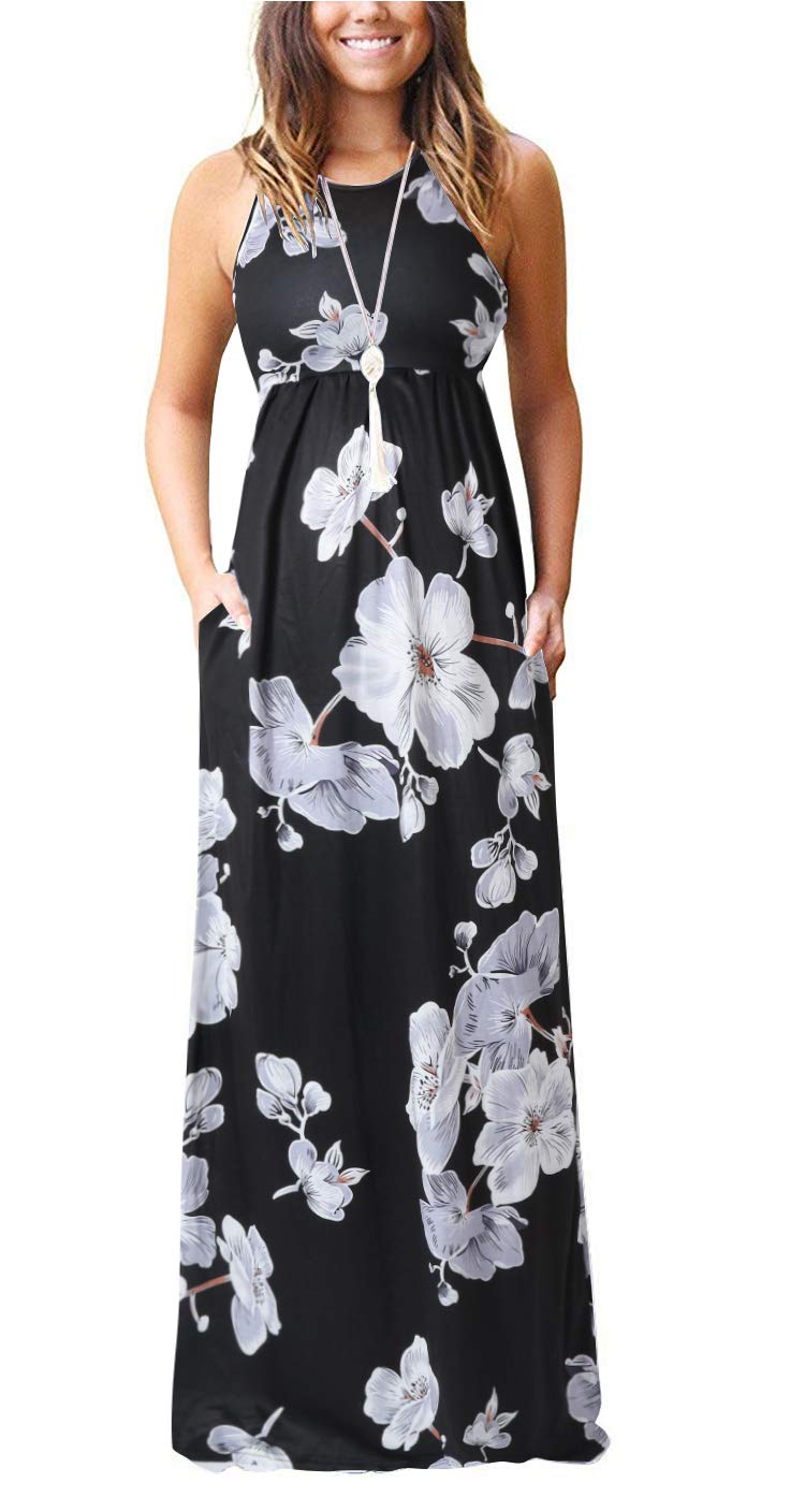 ZZER Women's Floral Print Racerback Loose Swing Tunic Maxi Dress with Pockets - Casual Beach Cover Up, Summer Vacation Outfit, Boho Chic Dress for Outdoor Parties & Travel