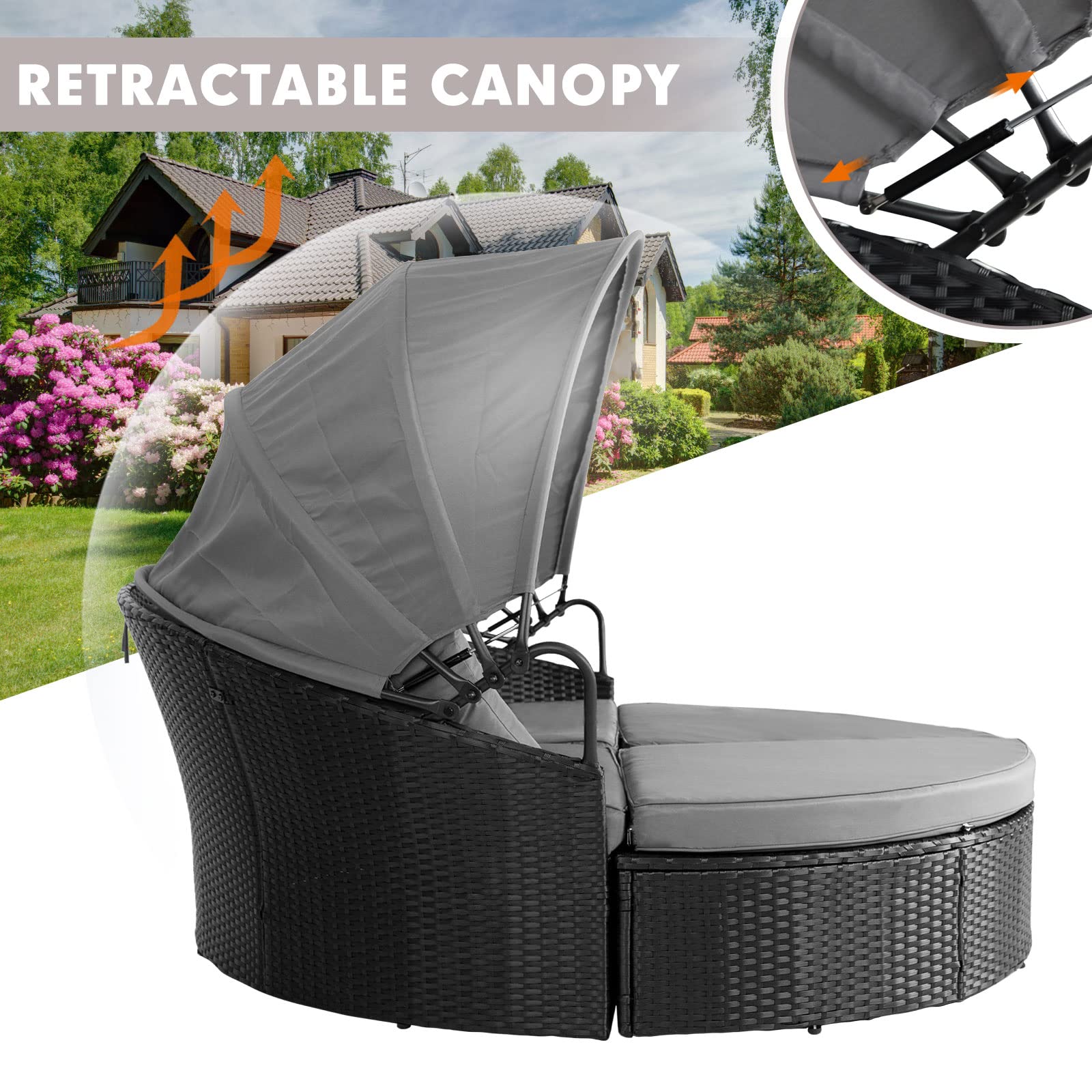 Crownland Outdoor Patio Canopy Bed - Round Wicker Daybed with Washable Cushions & Retractable Canopy, Clamshell Sectional Seating Furniture for Backyard, Porch, Poolside Relaxation (Black) - Perfect for Lounging, Sunbathing, and Outdoor Entertaining
