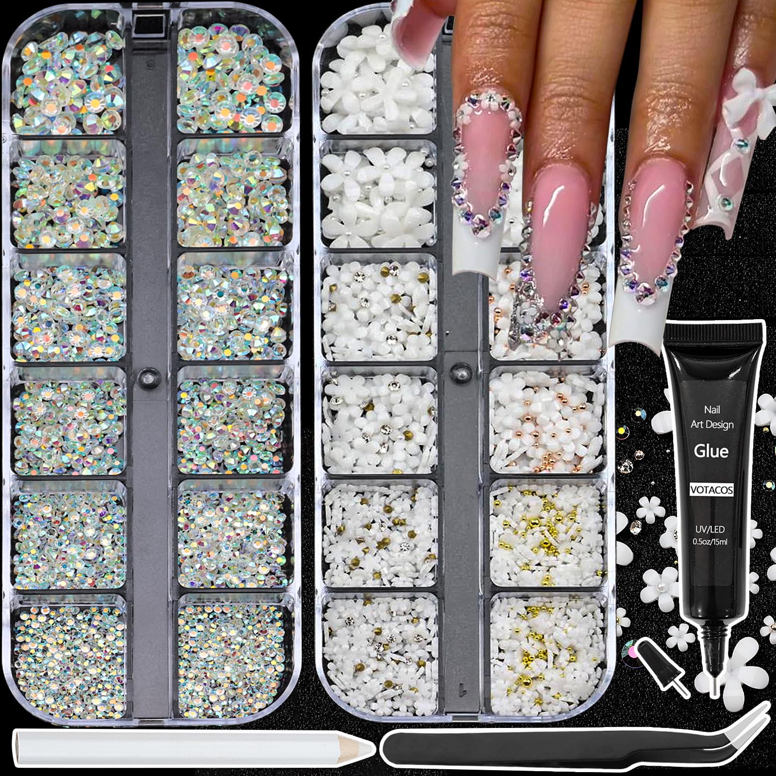 VOTACOS Flatback Nail Art Rhinestones - Flower Nail Charms with AB Rhinestones, Glue Gel for Nail Decor - White Nail Supplies & Clear Nail Gems for Bedazzling, Crafting, Women Nail Design - Perfect for DIY Manicures, Nail Salons & Party Nail Art