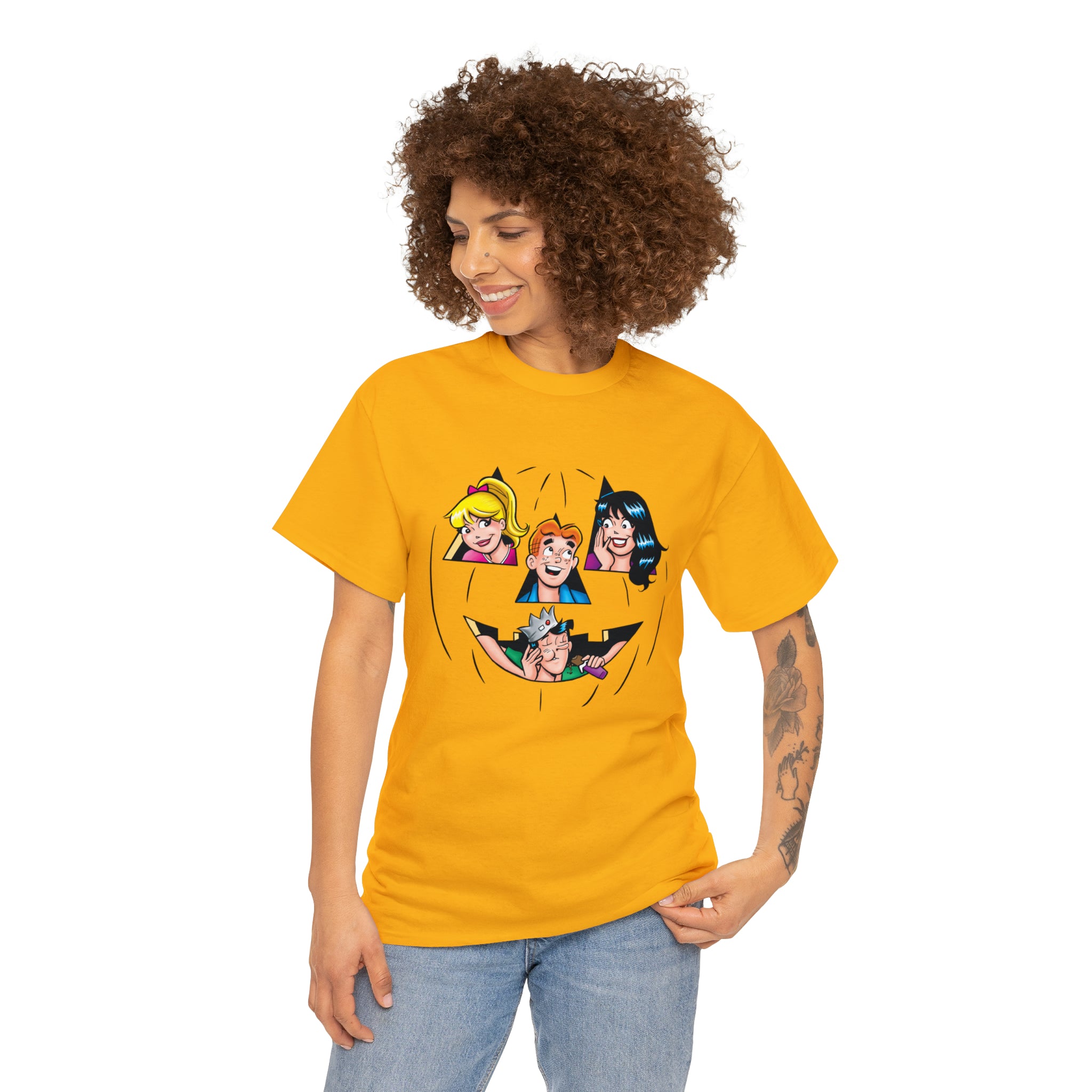 Archie O Lantern Halloween Graphic Tee - Unisex Heavy Cotton T-Shirt Featuring Archie, Betty, Veronica & Jughead - Perfect for Halloween Costumes, Comic Con & Retro Pop Culture Events
