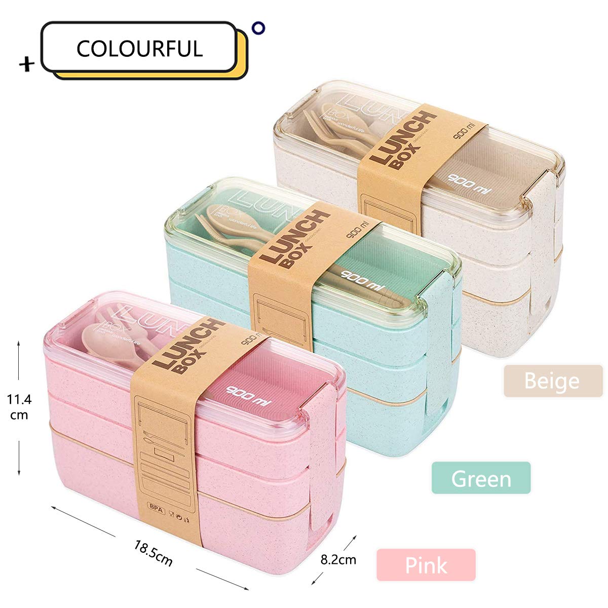 Japanese Bento Box Lunch Box - 3-in-1 Compartment Reusable Meal Prep Container with Fork & Spoon (Pink) | Perfect for Office Lunch, School Meals & Picnics