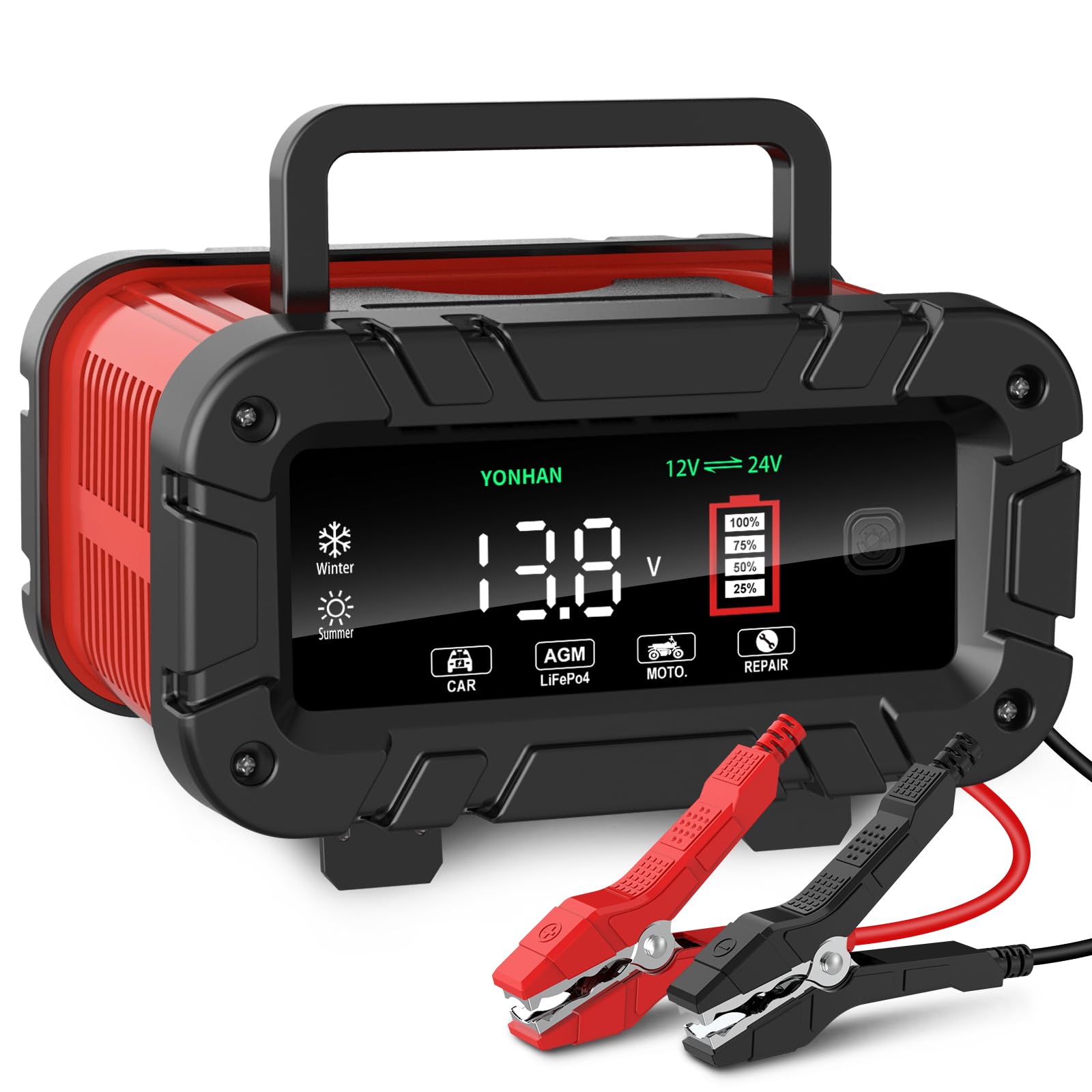 YONHAN 12V/24V Smart Battery Charger 0-10 Amp - Fully Automatic LiFePO4 & Lead Acid Car Battery Charger with Large LCD Display - Portable Automotive Trickle Charger & Maintainer - Perfect for Cars, Trucks, Boats, Motorcycles & RV Battery Maintenance